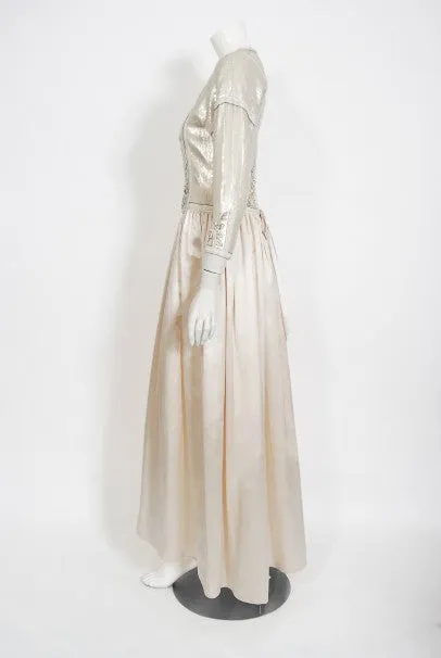 1985 Chanel Haute Couture Lesage Beaded Sequin Ivory Silk Full-Skirt Formal Gown