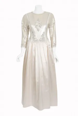 1985 Chanel Haute Couture Lesage Beaded Sequin Ivory Silk Full-Skirt Formal Gown