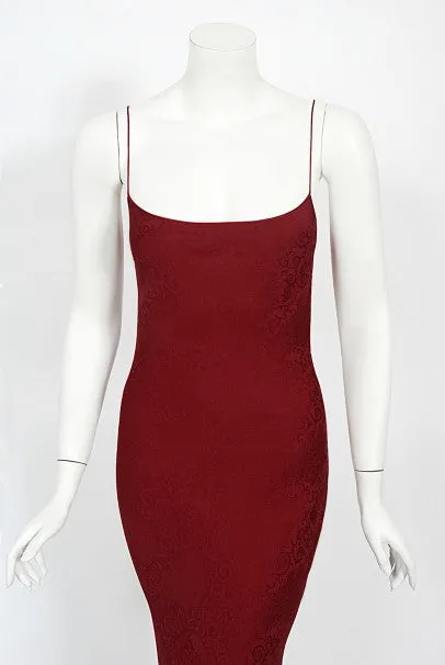 1998 John Galliano Wine-Red Patterned Stretch Silk Hourglass Slip Gown