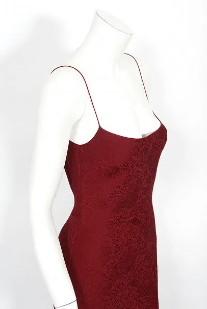 1998 John Galliano Wine-Red Patterned Stretch Silk Hourglass Slip Gown