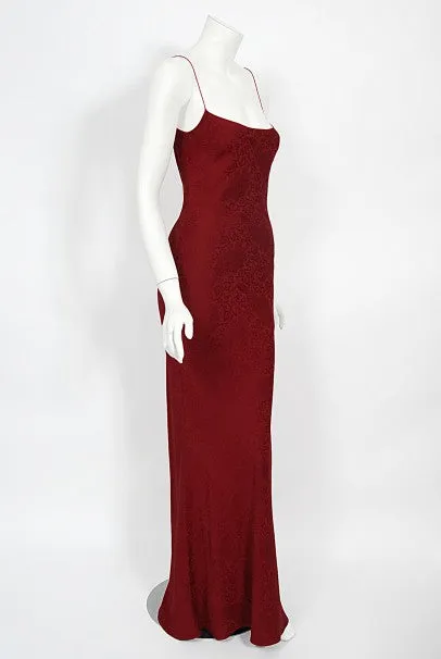 1998 John Galliano Wine-Red Patterned Stretch Silk Hourglass Slip Gown