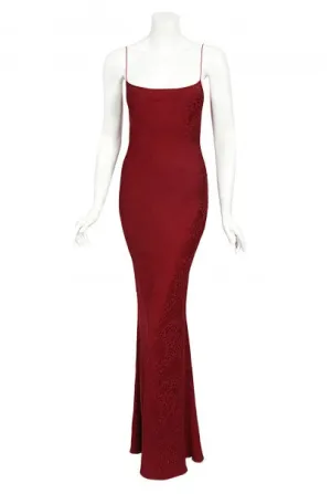 1998 John Galliano Wine-Red Patterned Stretch Silk Hourglass Slip Gown