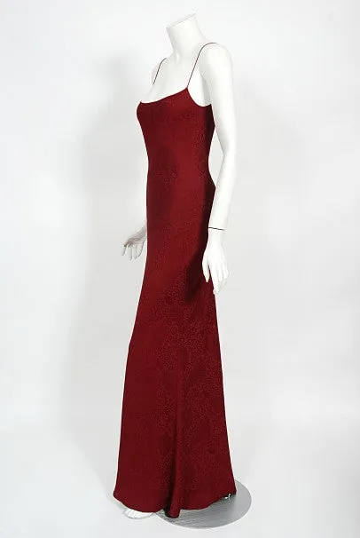 1998 John Galliano Wine-Red Patterned Stretch Silk Hourglass Slip Gown