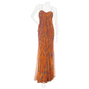 2008 Orange Silk Multicolored Paisley Print Draped Gown