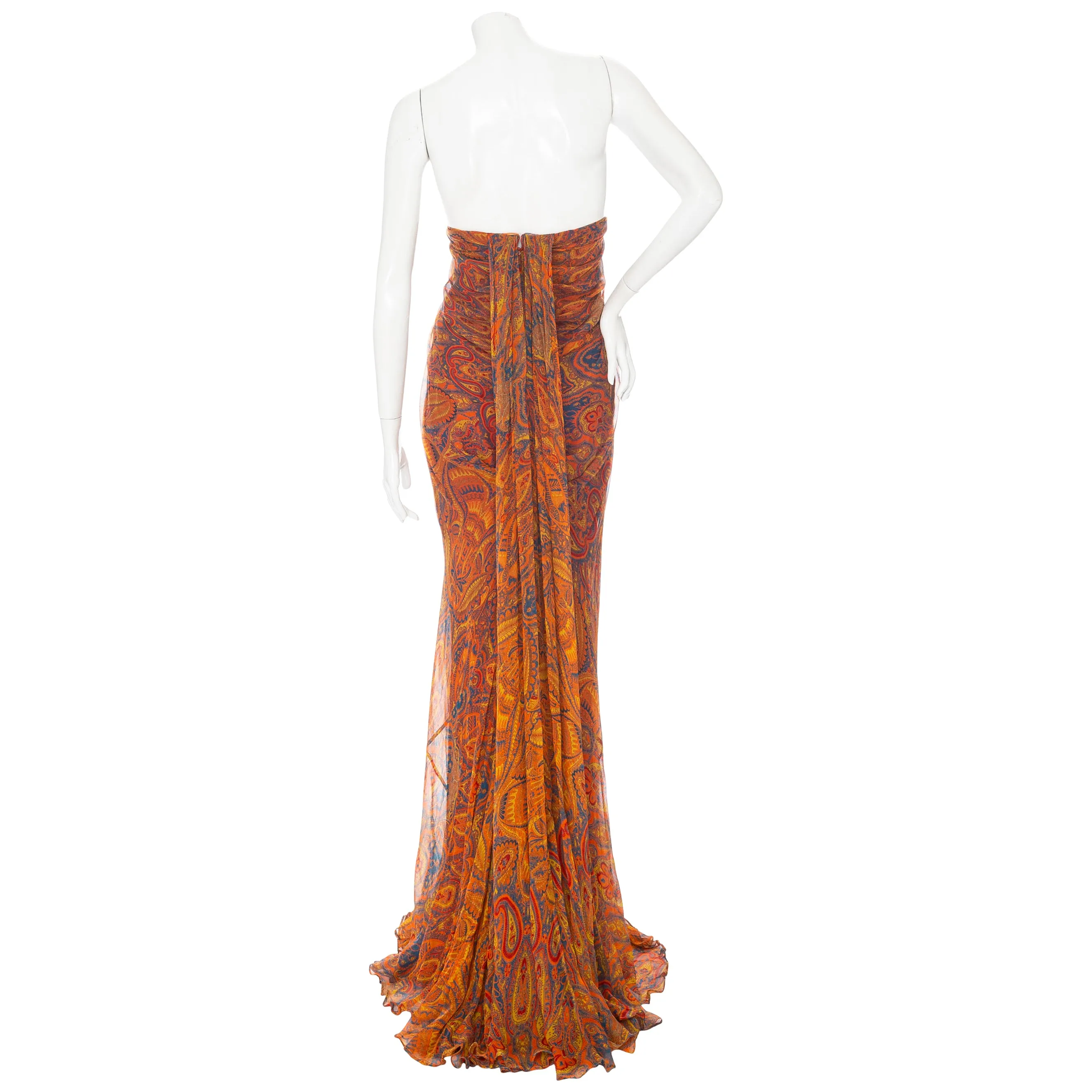 2008 Orange Silk Multicolored Paisley Print Draped Gown