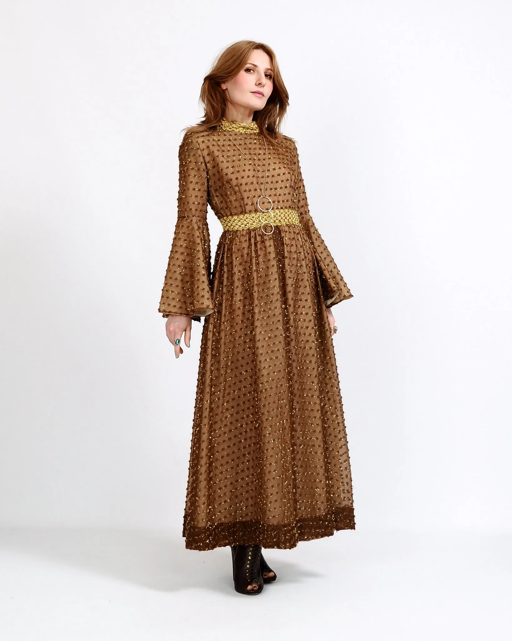 60s Metallic Bell Sleeve Maxi Dress