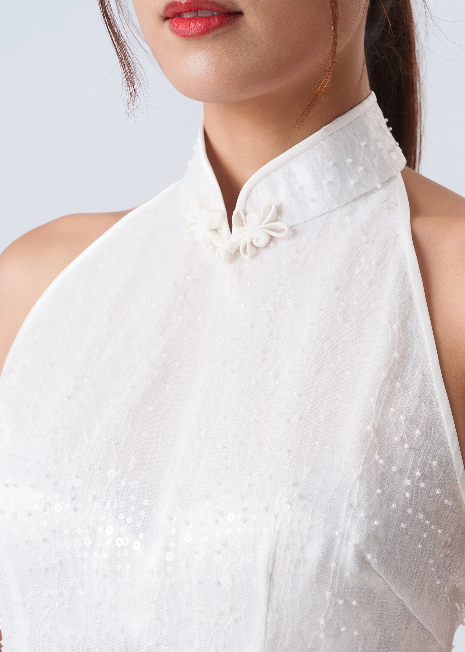 Allium Backless Halter Bridal Qipao (White) - RTW