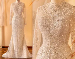 Allover Beading Sequins High Neck Sparkly Mermaid Formal Wedding Gown