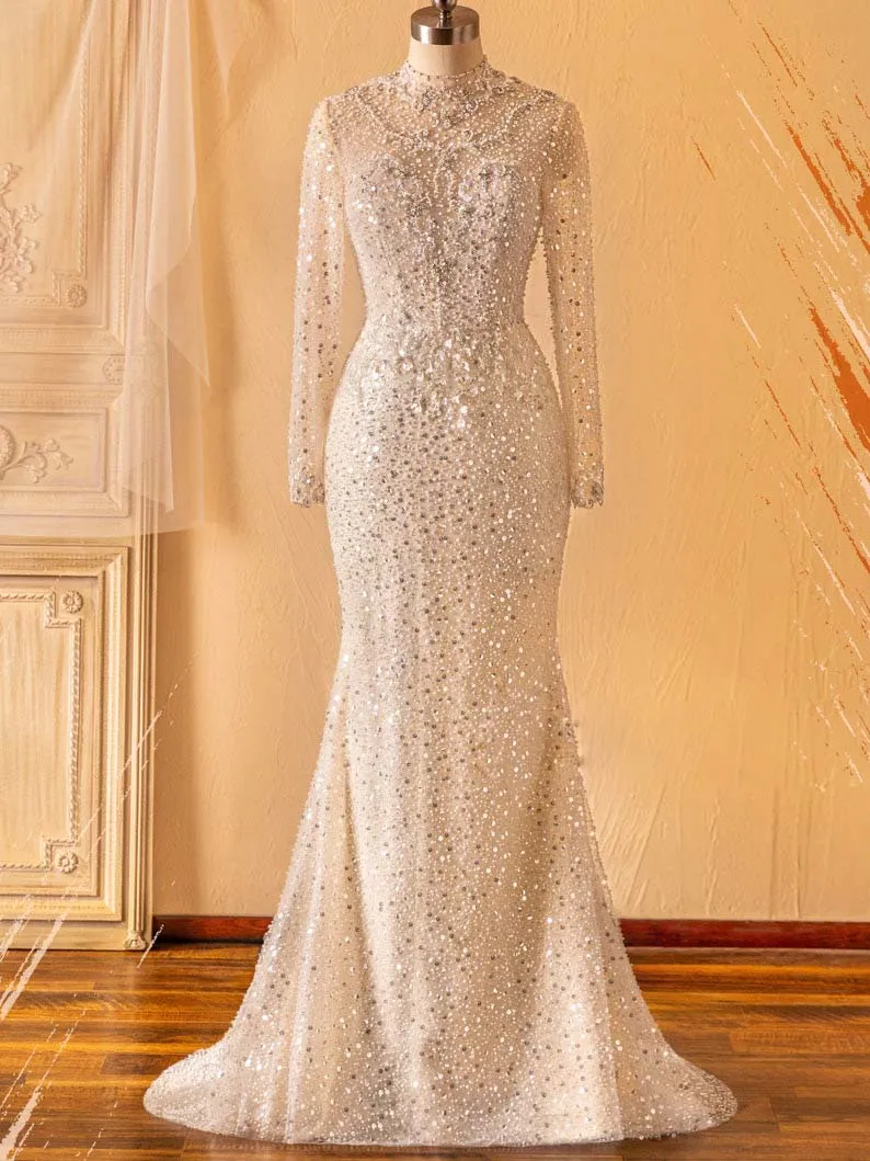 Allover Beading Sequins High Neck Sparkly Mermaid Formal Wedding Gown