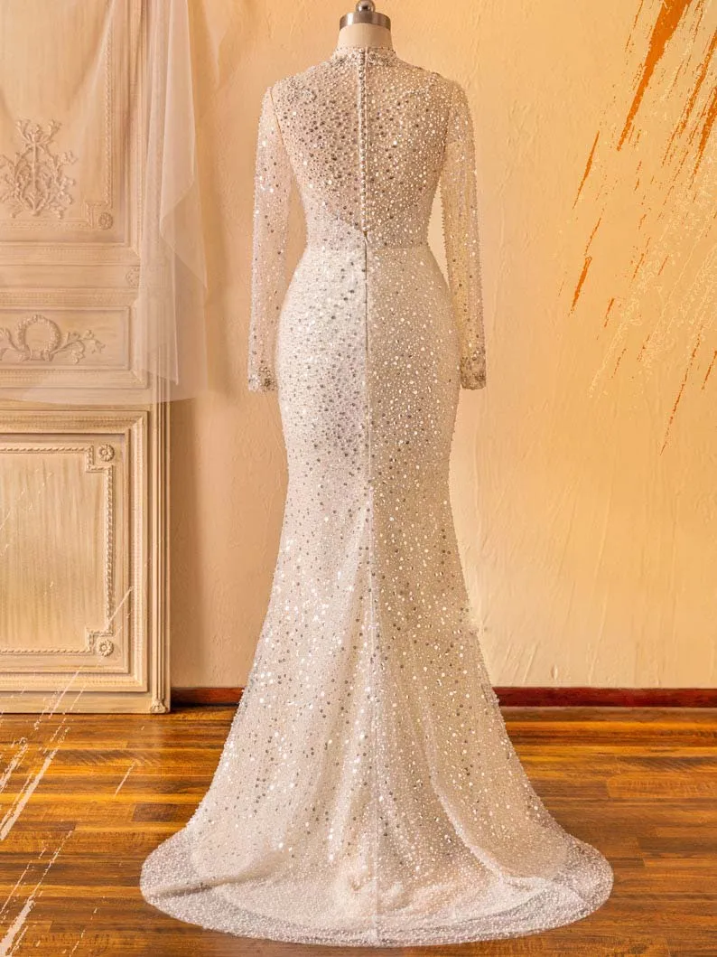 Allover Beading Sequins High Neck Sparkly Mermaid Formal Wedding Gown