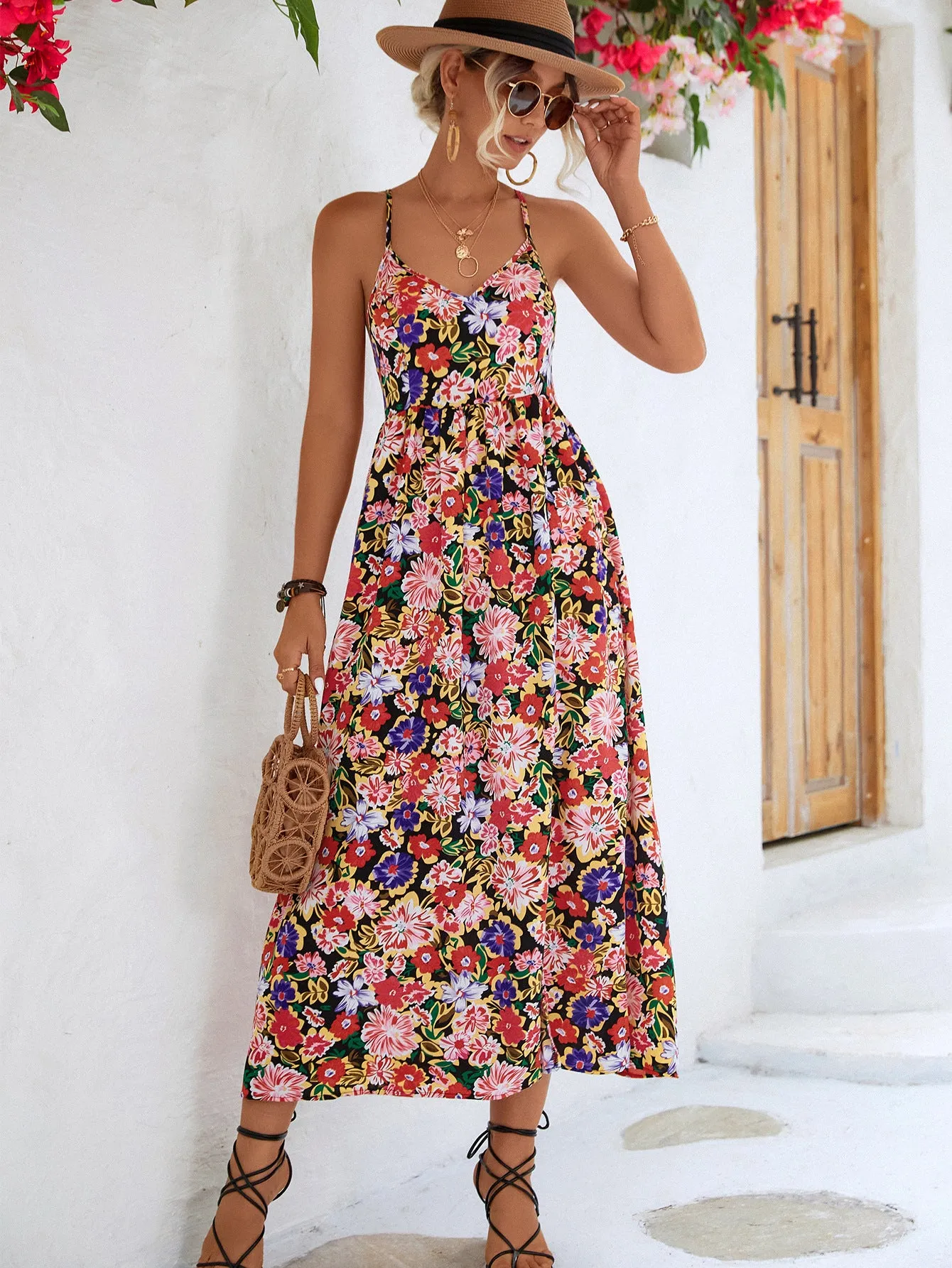 *App Exclusive* Floral Crisscross Backless Split Dress