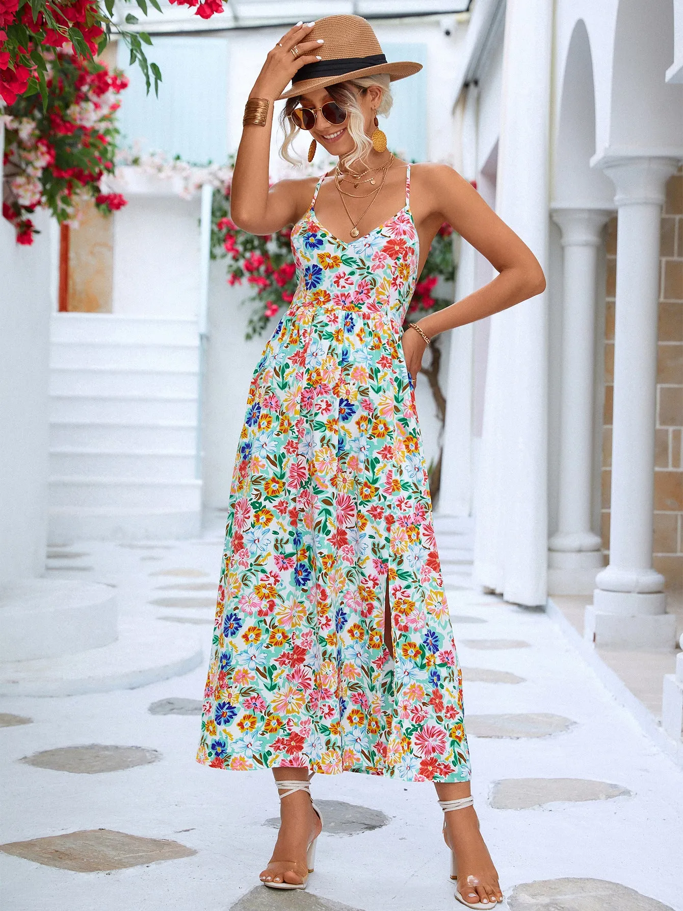 *App Exclusive* Floral Crisscross Backless Split Dress