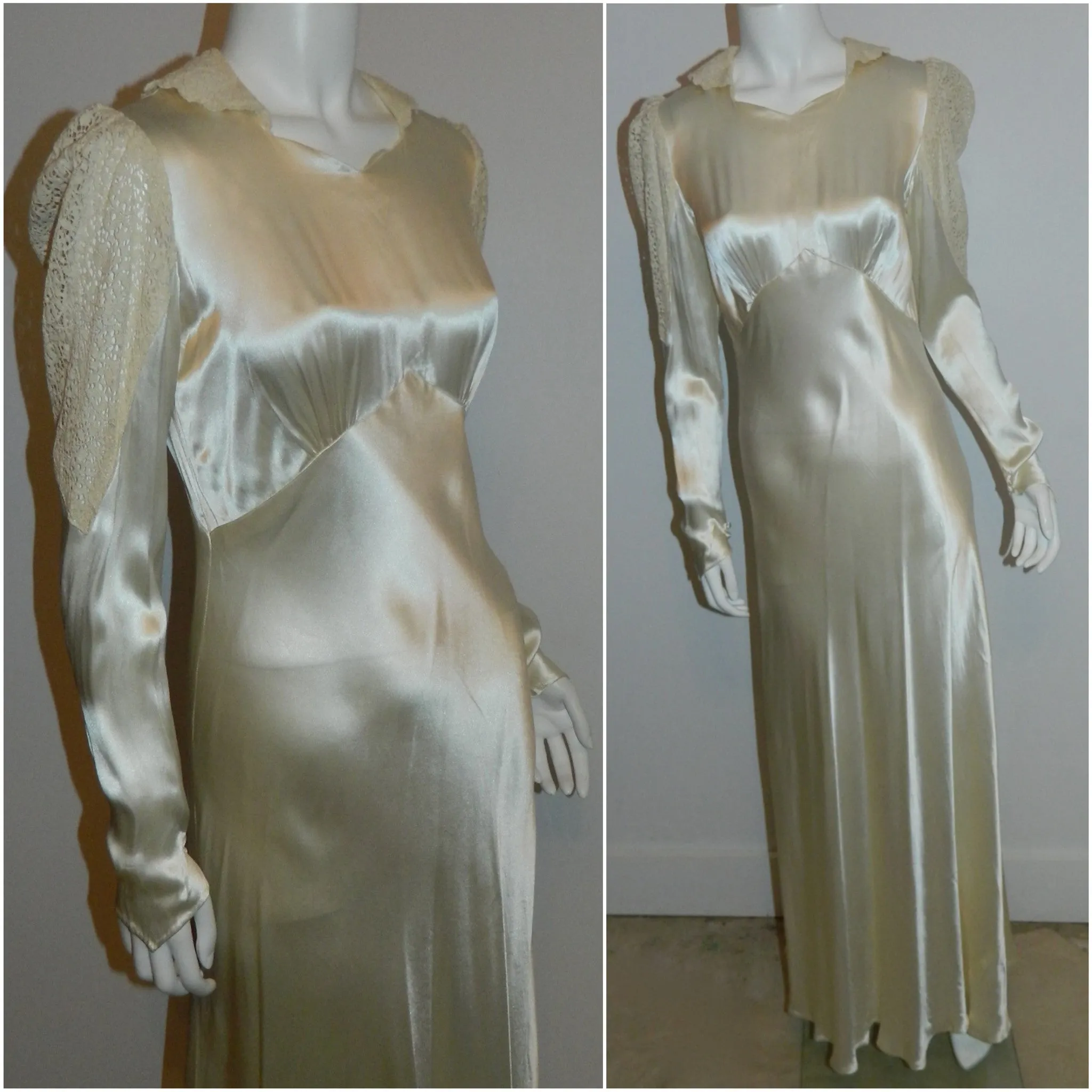 Art Deco silk satin wedding gown 1930s bias cut ivory button back dress lace sleeves XS