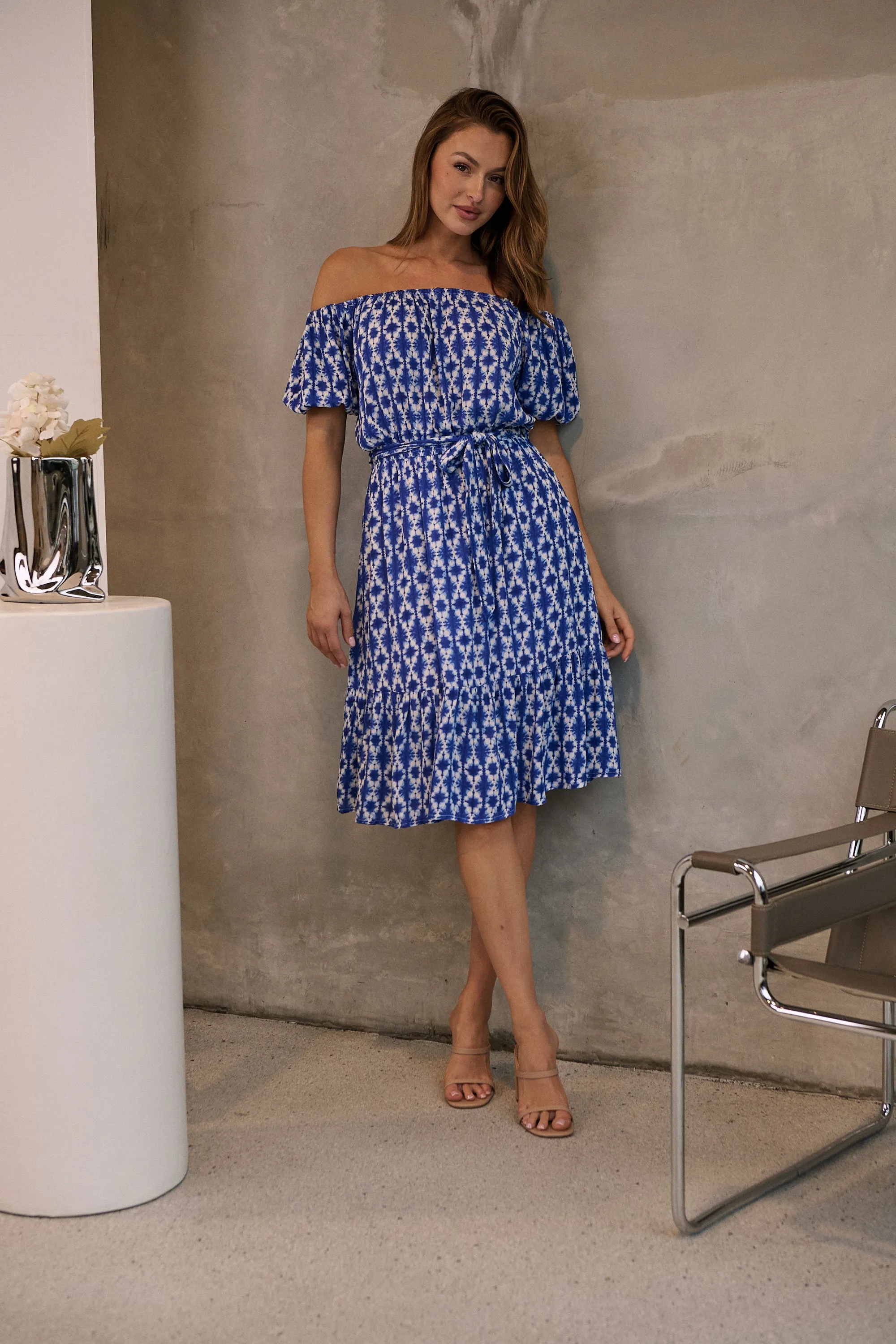 Bastille Blue/White Print Off Shoulder Dress