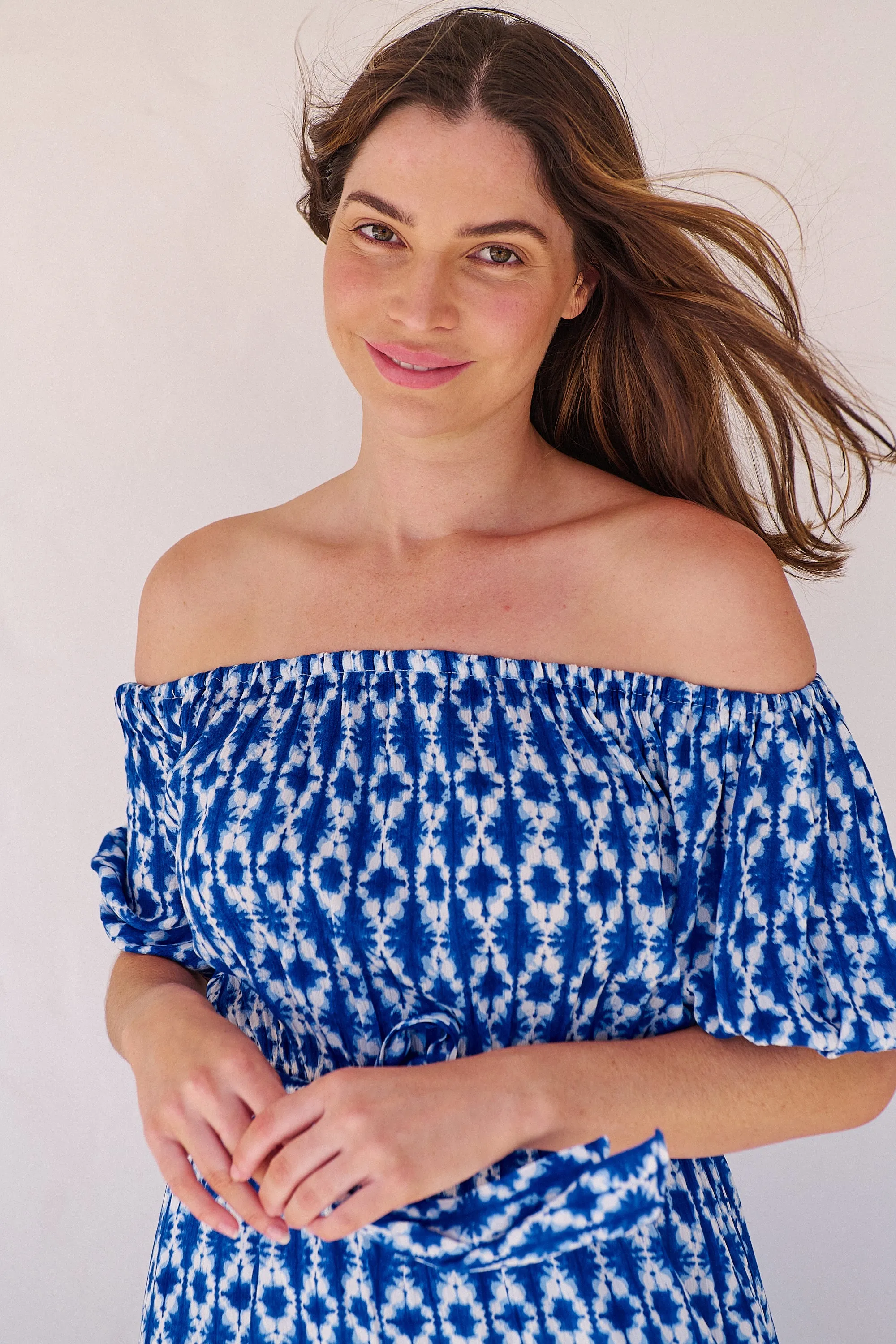 Bastille Blue/White Print Off Shoulder Dress