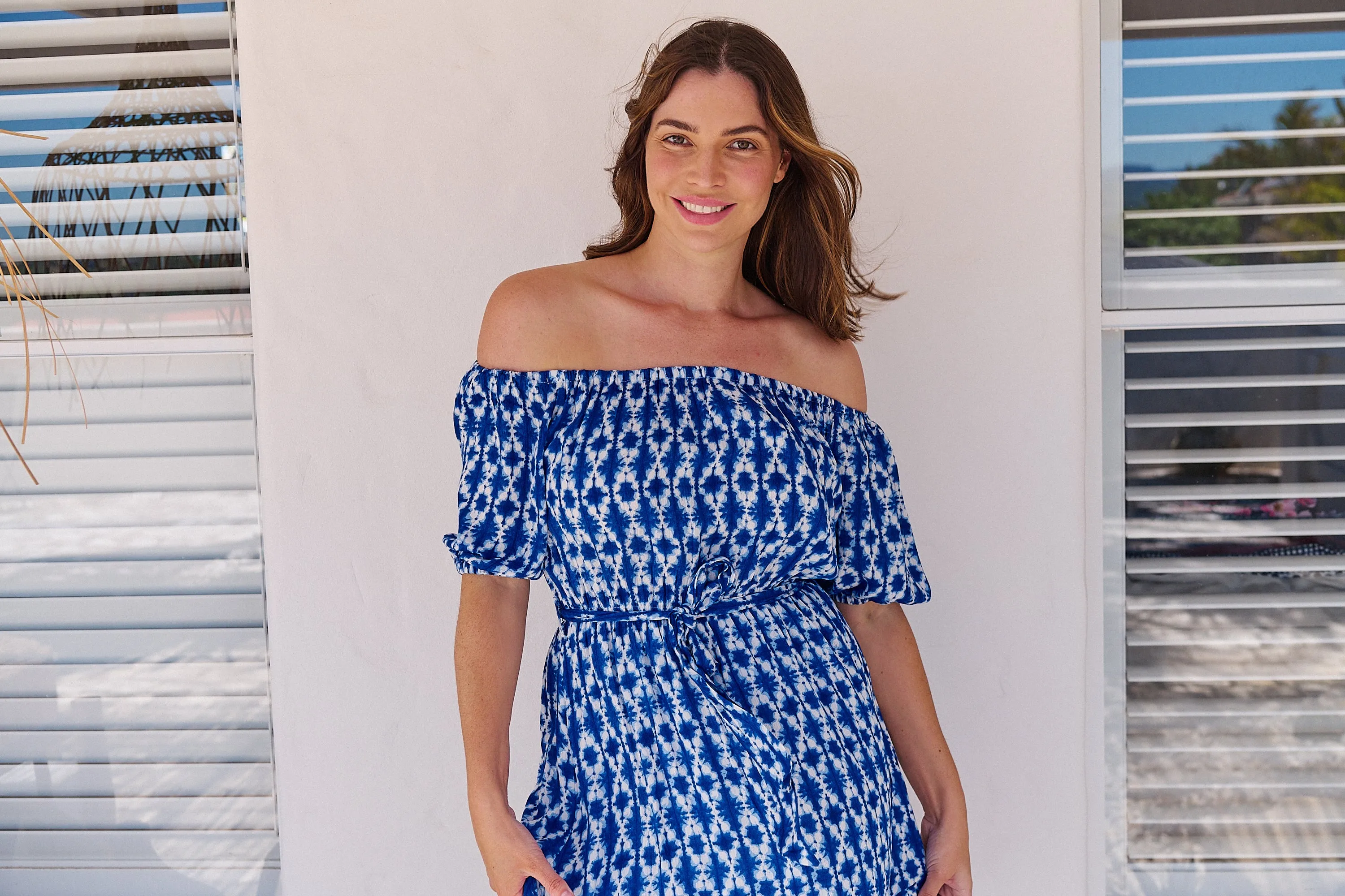 Bastille Blue/White Print Off Shoulder Dress