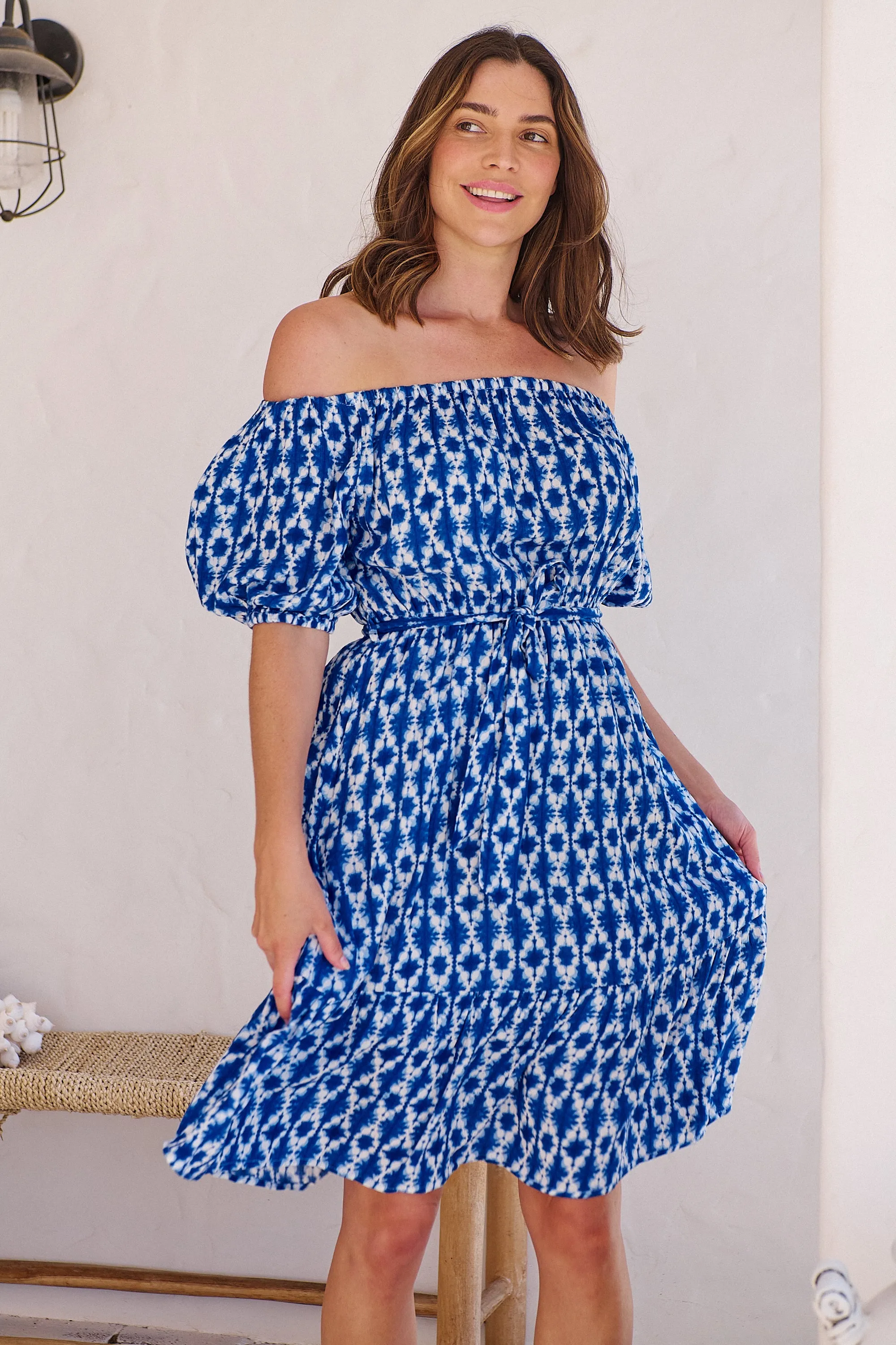 Bastille Blue/White Print Off Shoulder Dress