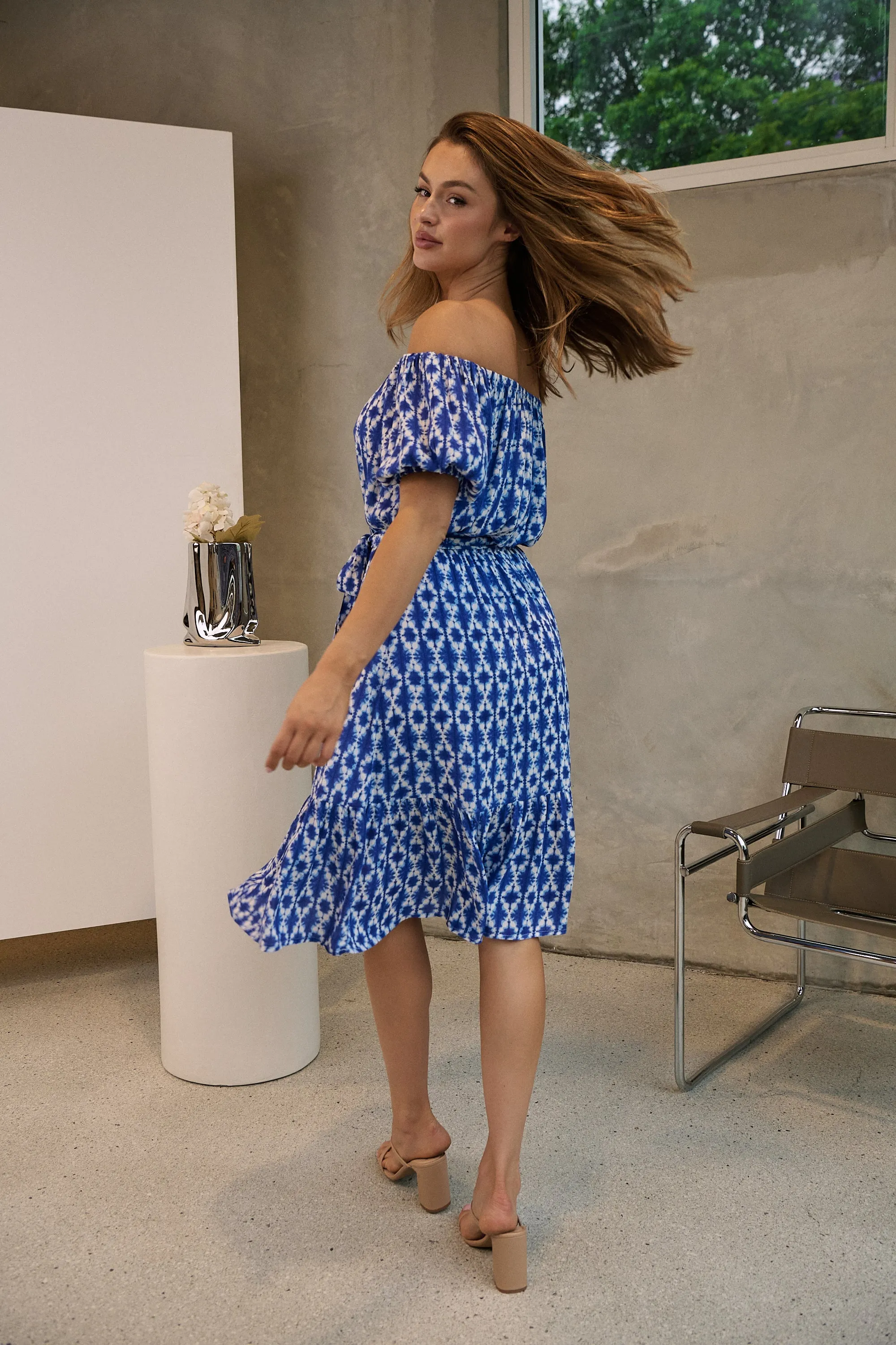 Bastille Blue/White Print Off Shoulder Dress