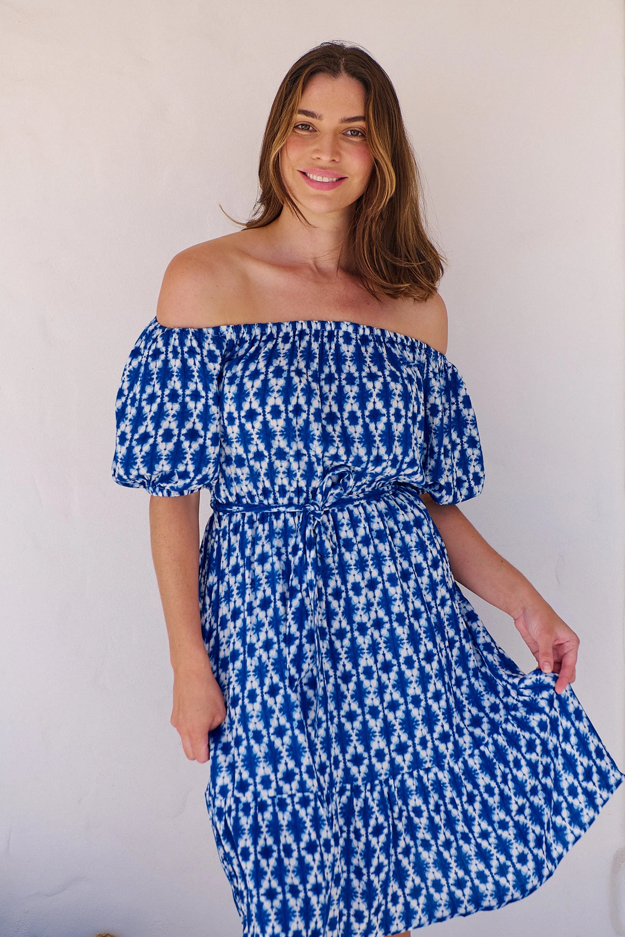 Bastille Blue/White Print Off Shoulder Dress