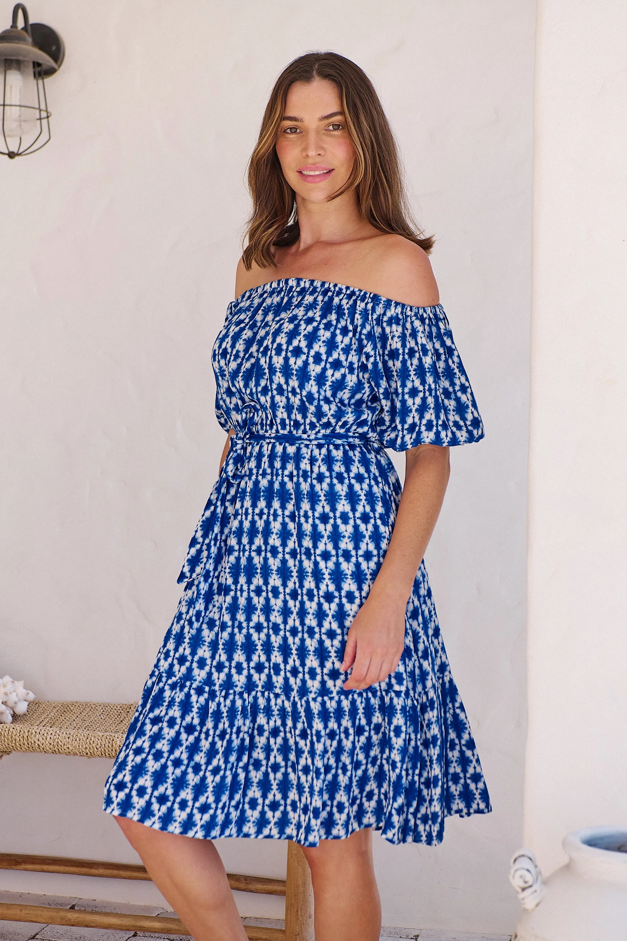 Bastille Blue/White Print Off Shoulder Dress