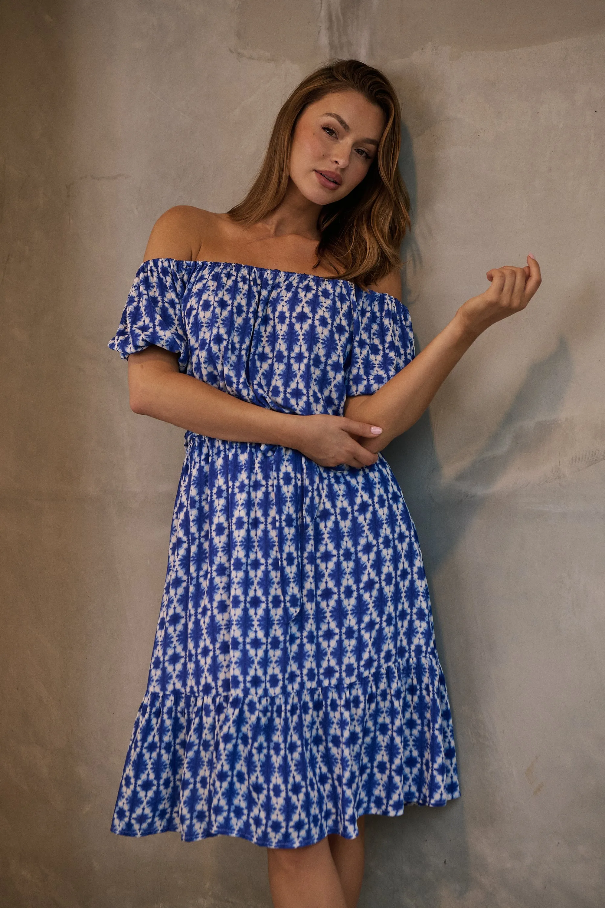 Bastille Blue/White Print Off Shoulder Dress