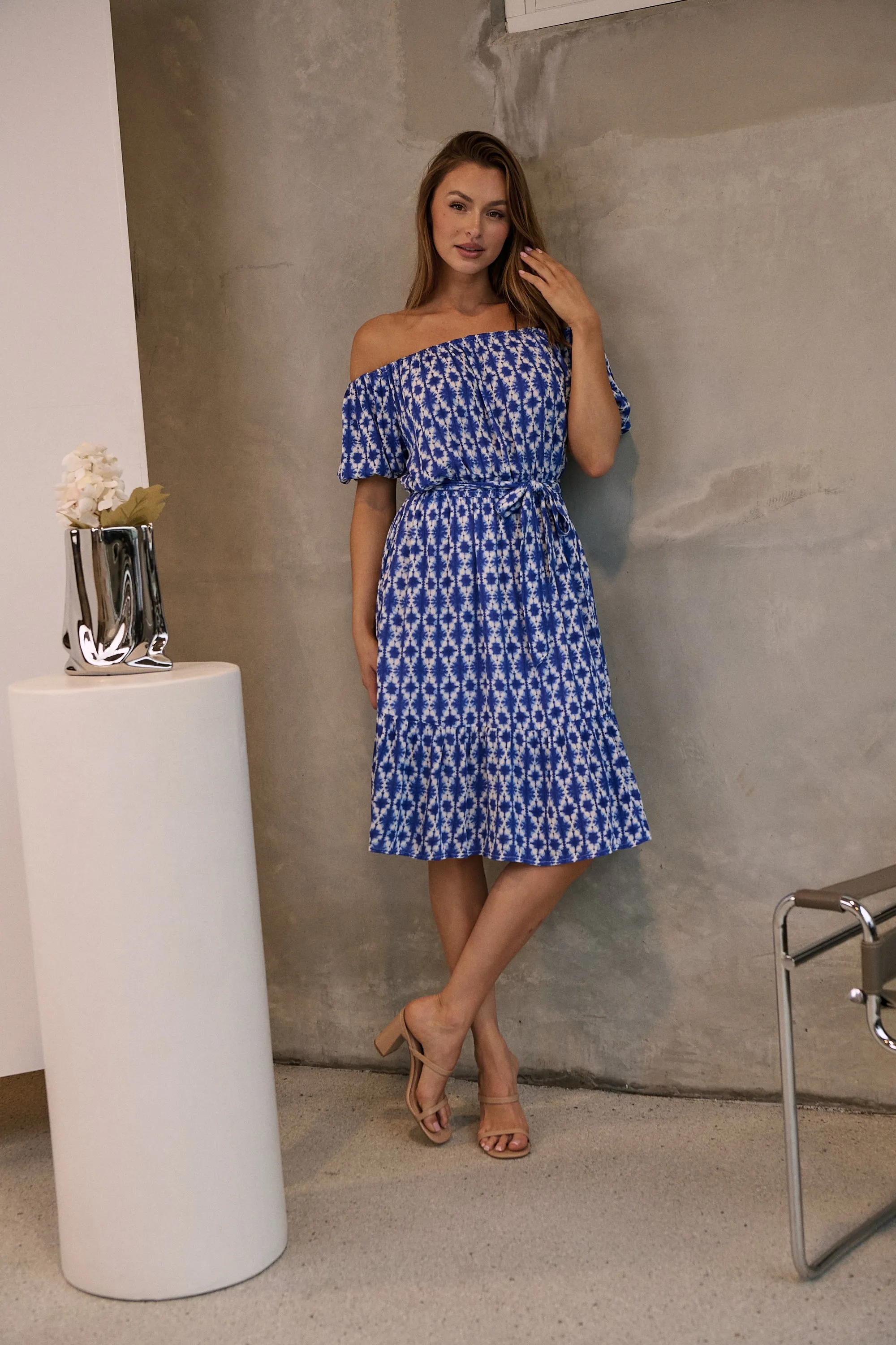 Bastille Blue/White Print Off Shoulder Dress