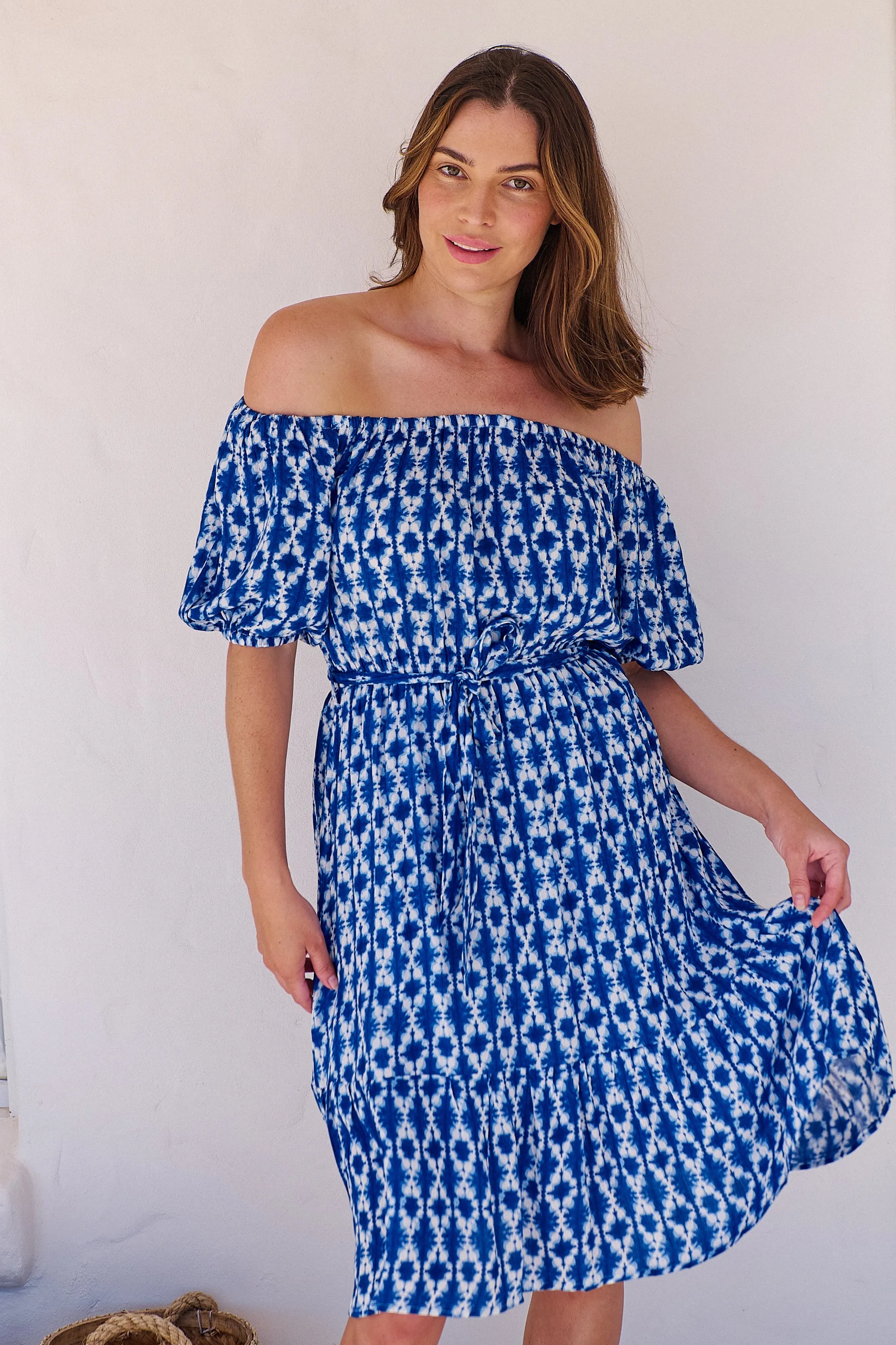 Bastille Blue/White Print Off Shoulder Dress