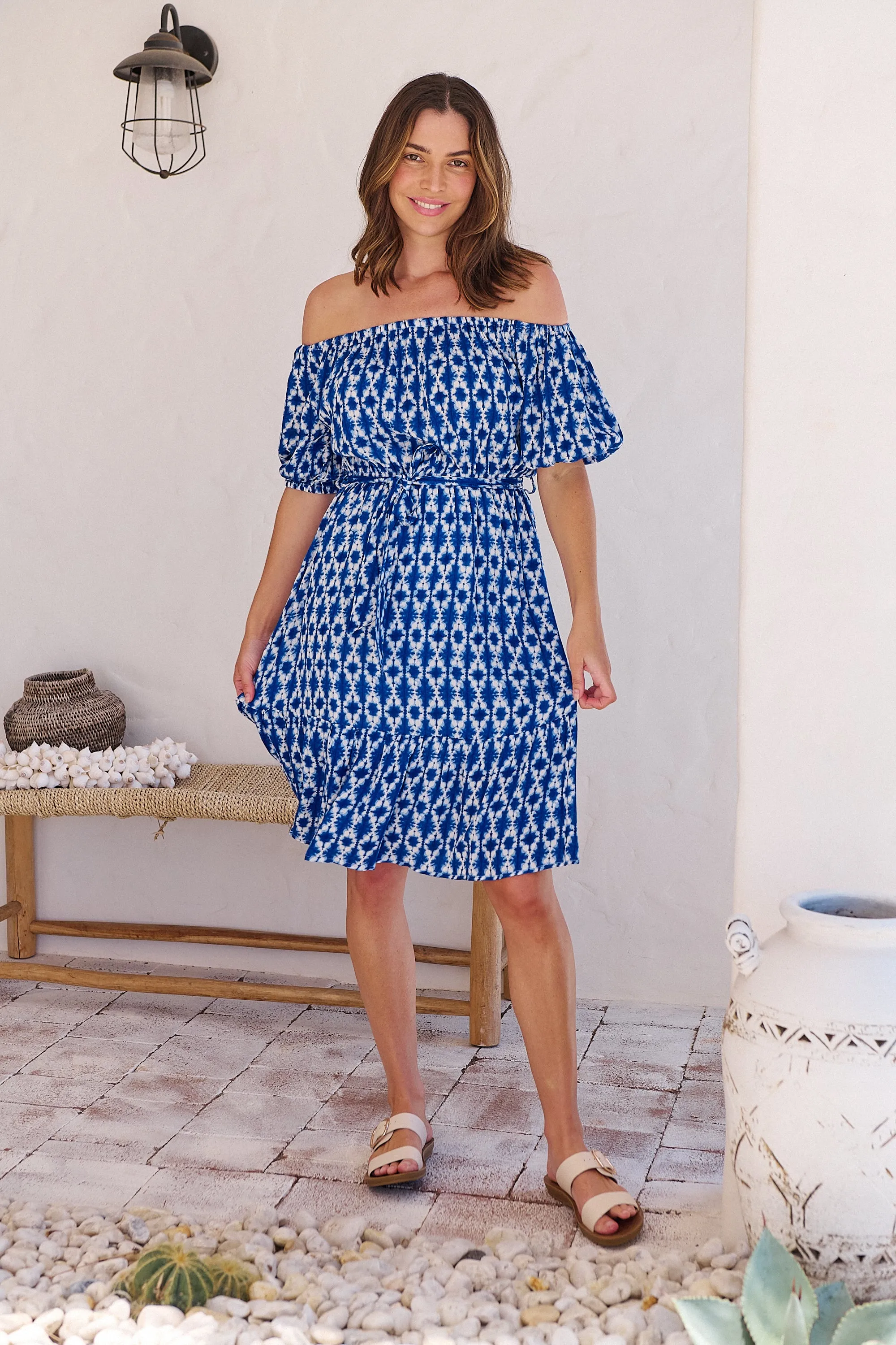 Bastille Blue/White Print Off Shoulder Dress