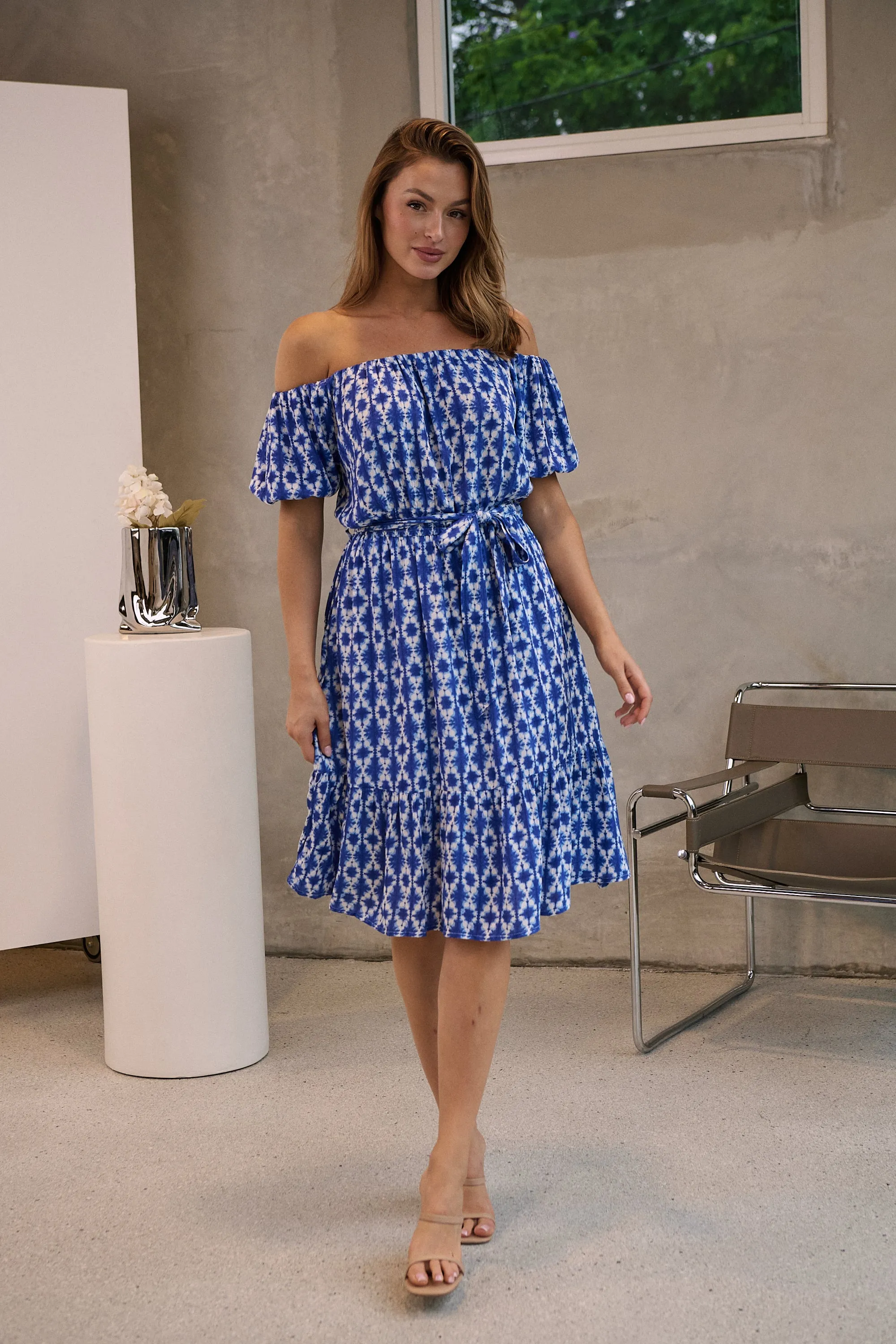 Bastille Blue/White Print Off Shoulder Dress