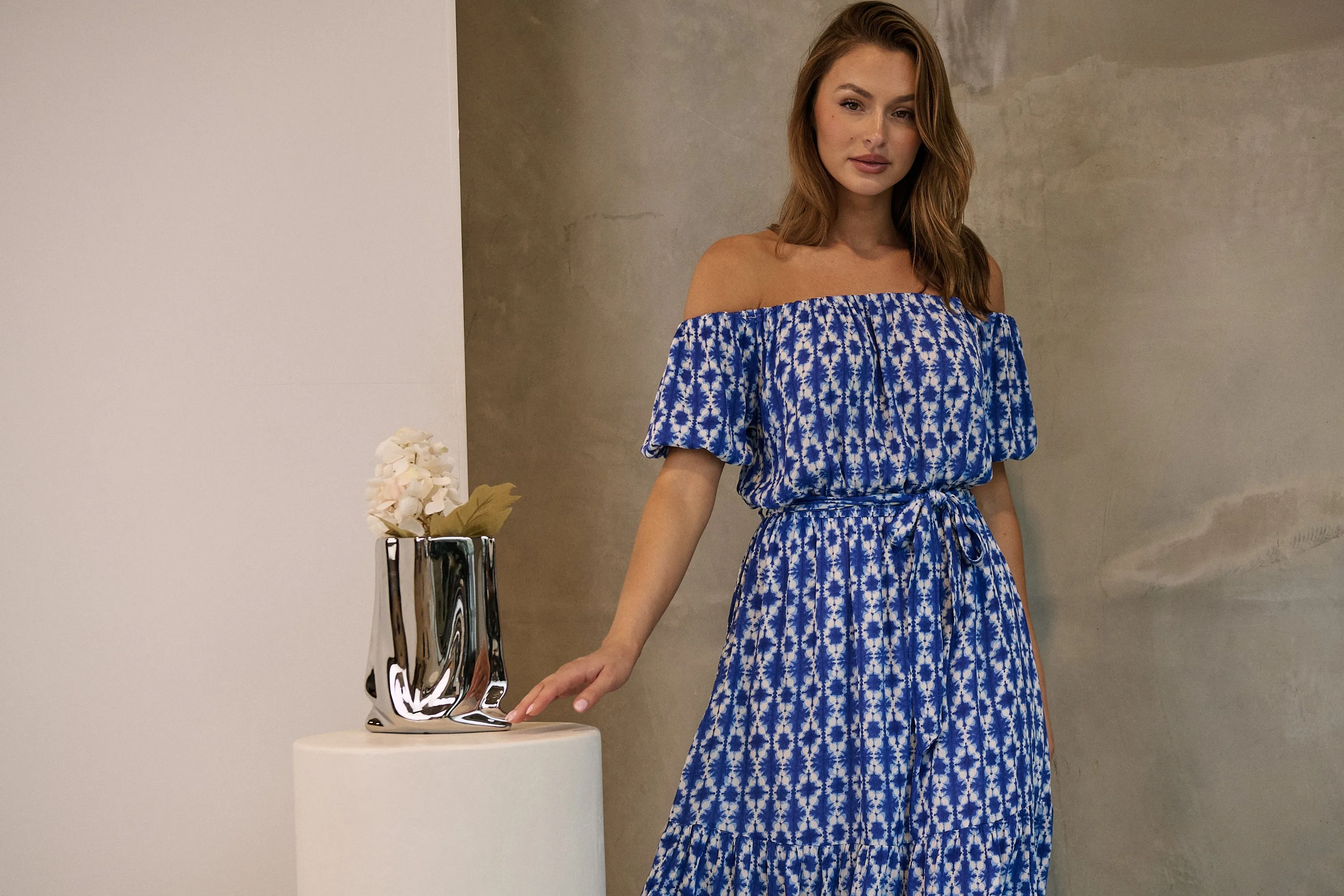 Bastille Blue/White Print Off Shoulder Dress