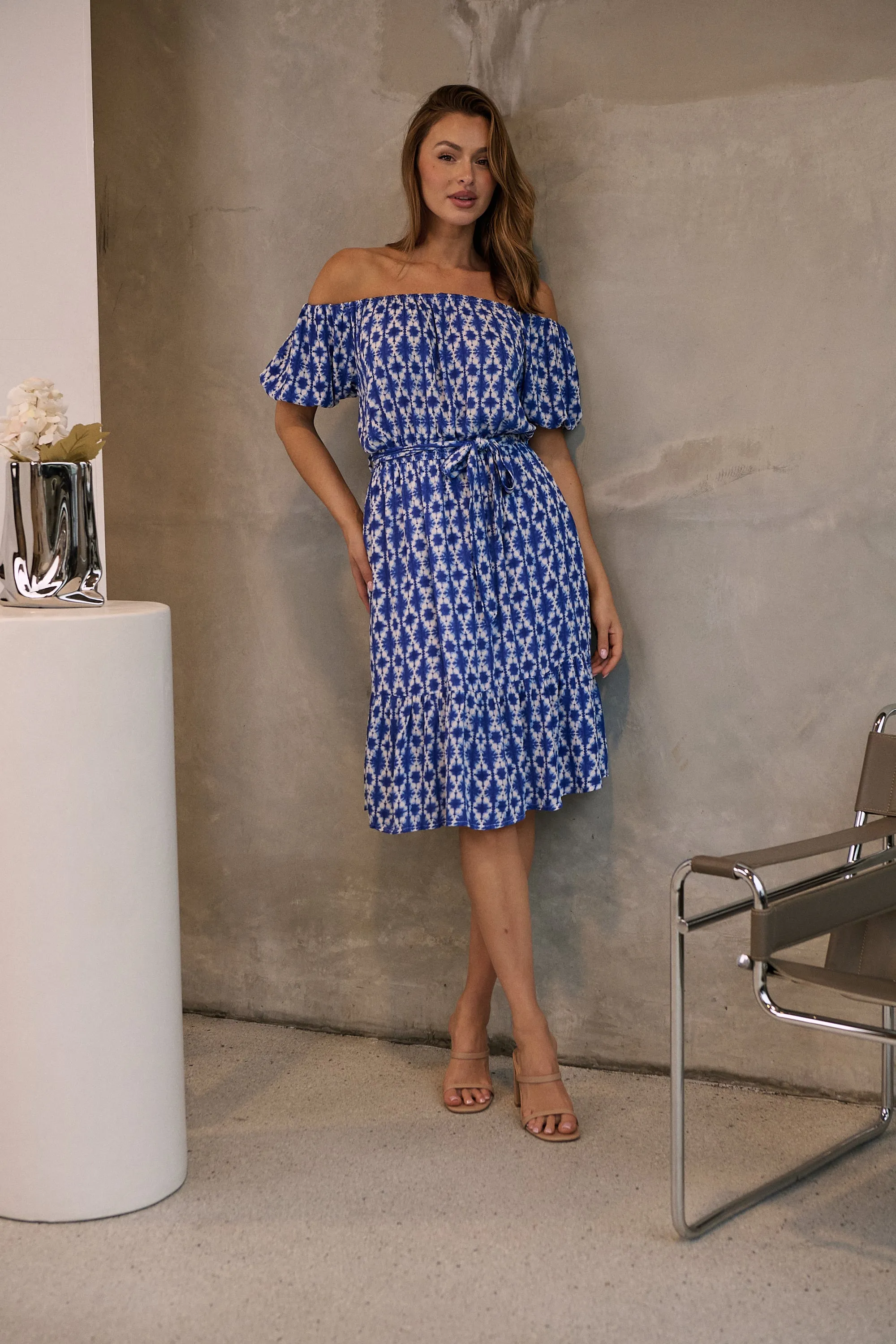 Bastille Blue/White Print Off Shoulder Dress