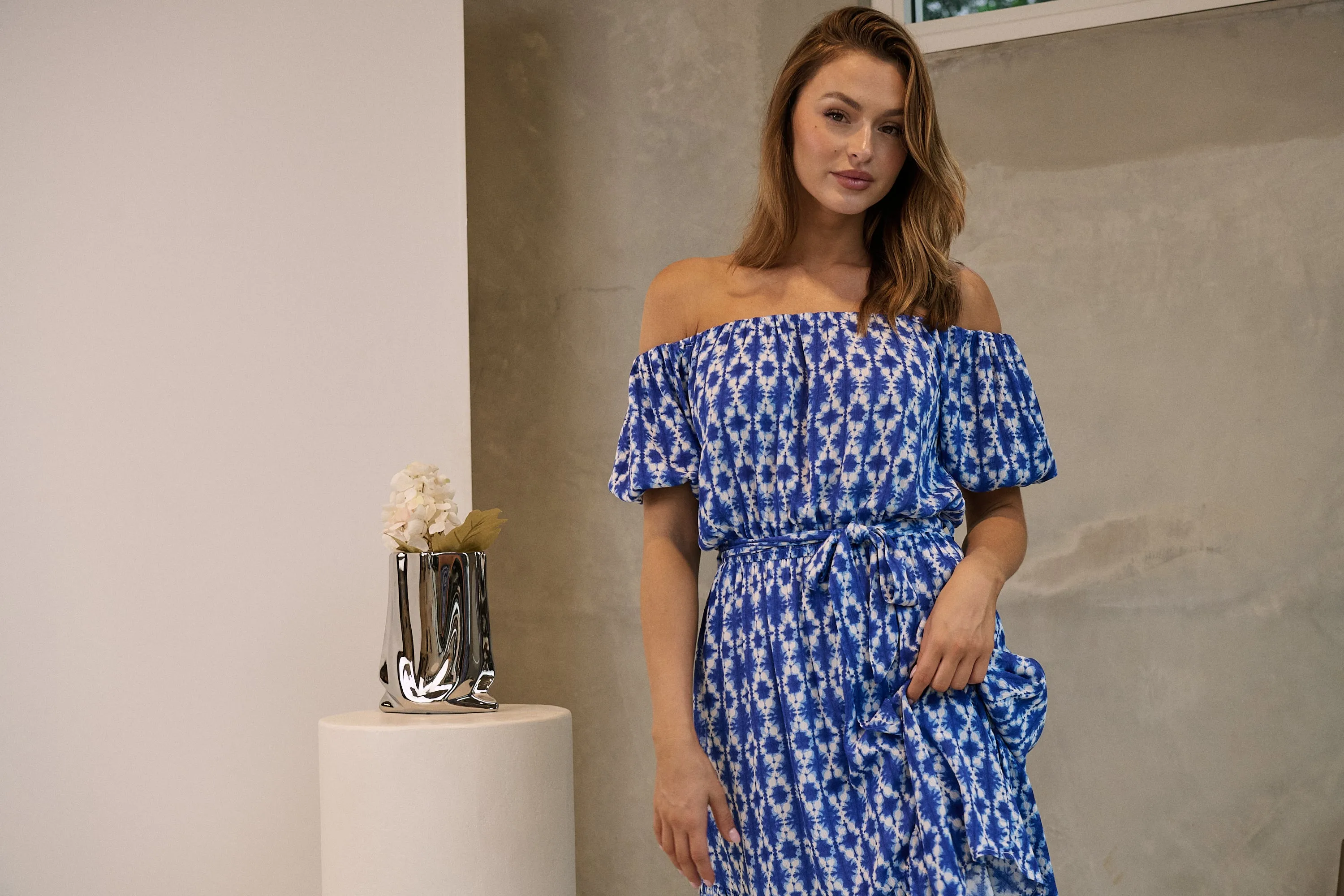 Bastille Blue/White Print Off Shoulder Dress