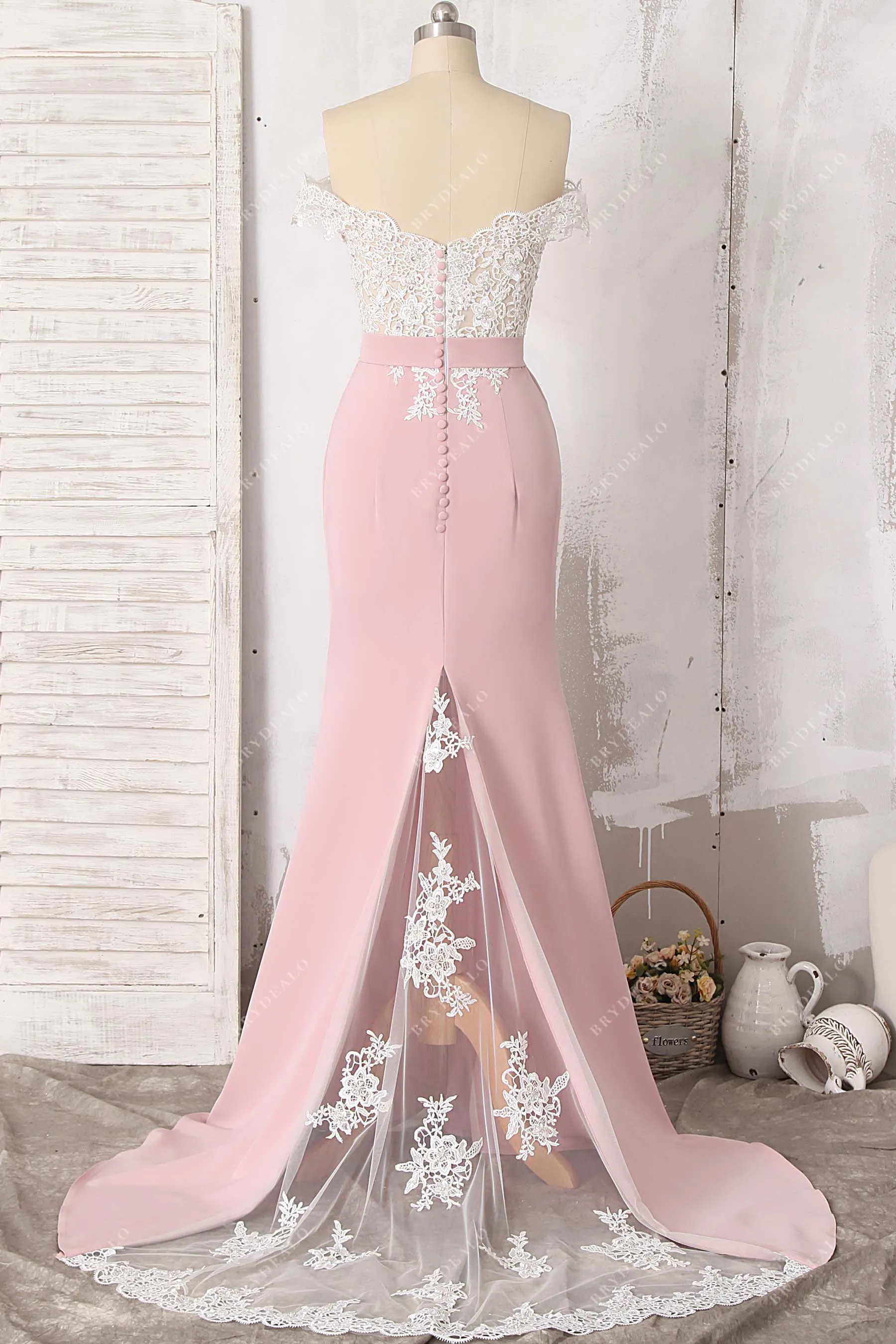 Beaded Lace Dusty Pink Off Shoulder Long Bridesmaid Gown