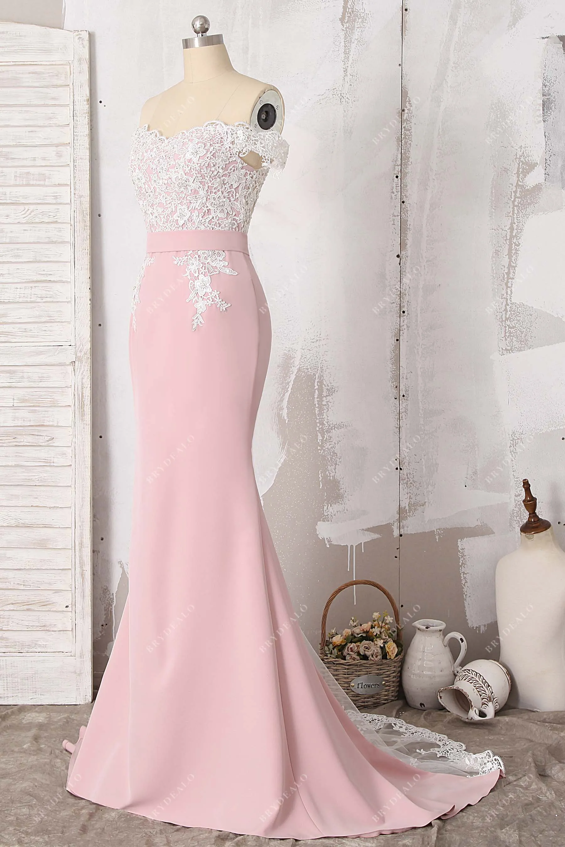 Beaded Lace Dusty Pink Off Shoulder Long Bridesmaid Gown