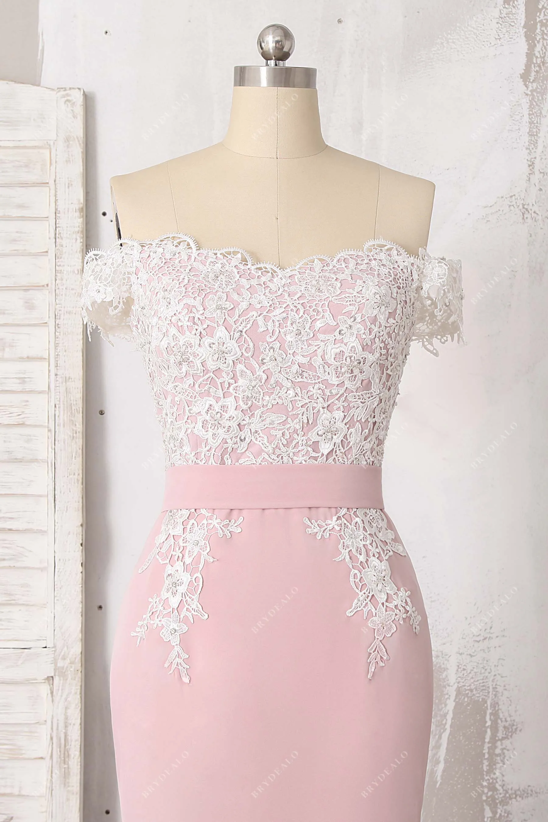 Beaded Lace Dusty Pink Off Shoulder Long Bridesmaid Gown