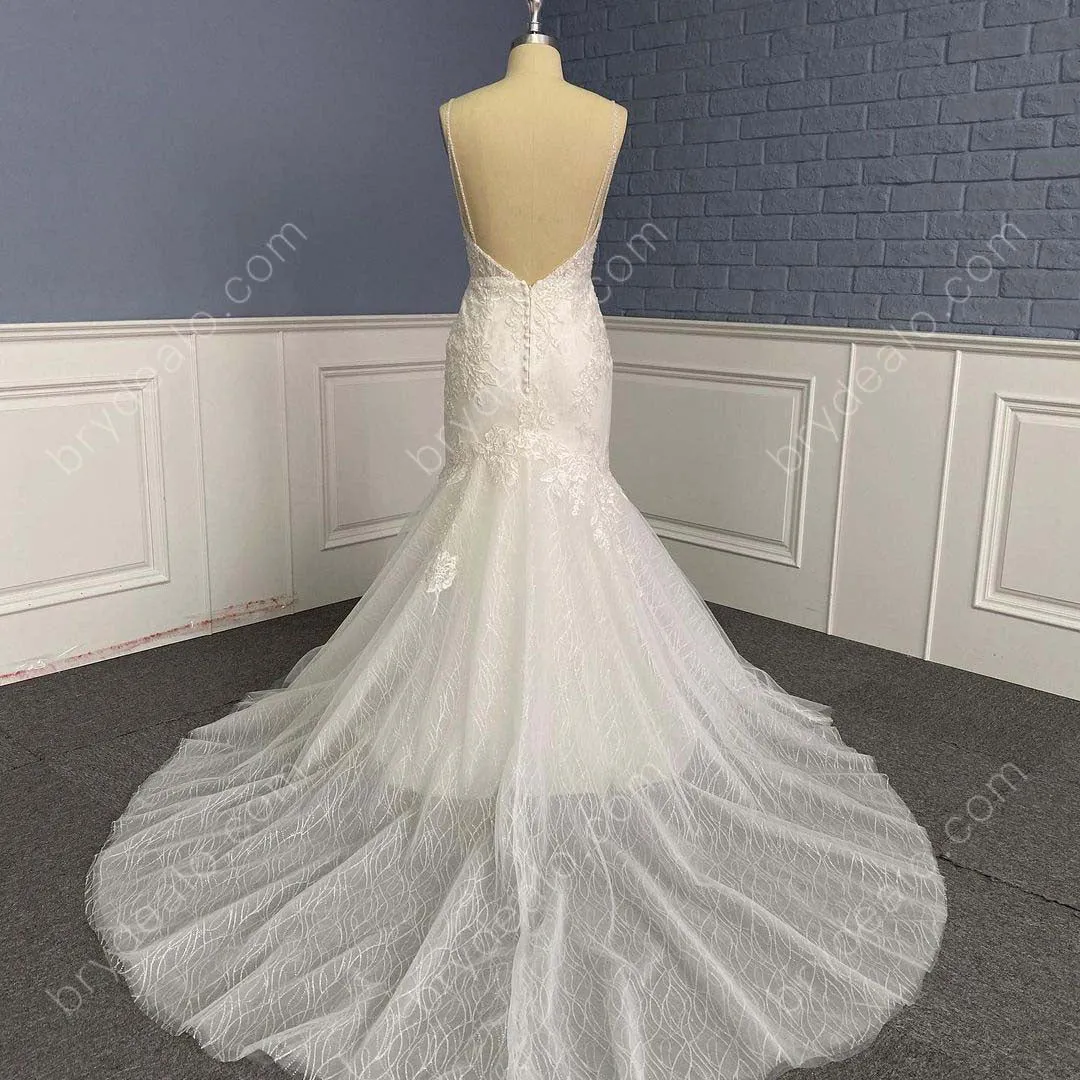 Beaded Plunging Neck Wavy Glitter Lace Trumpet Wedding Dress