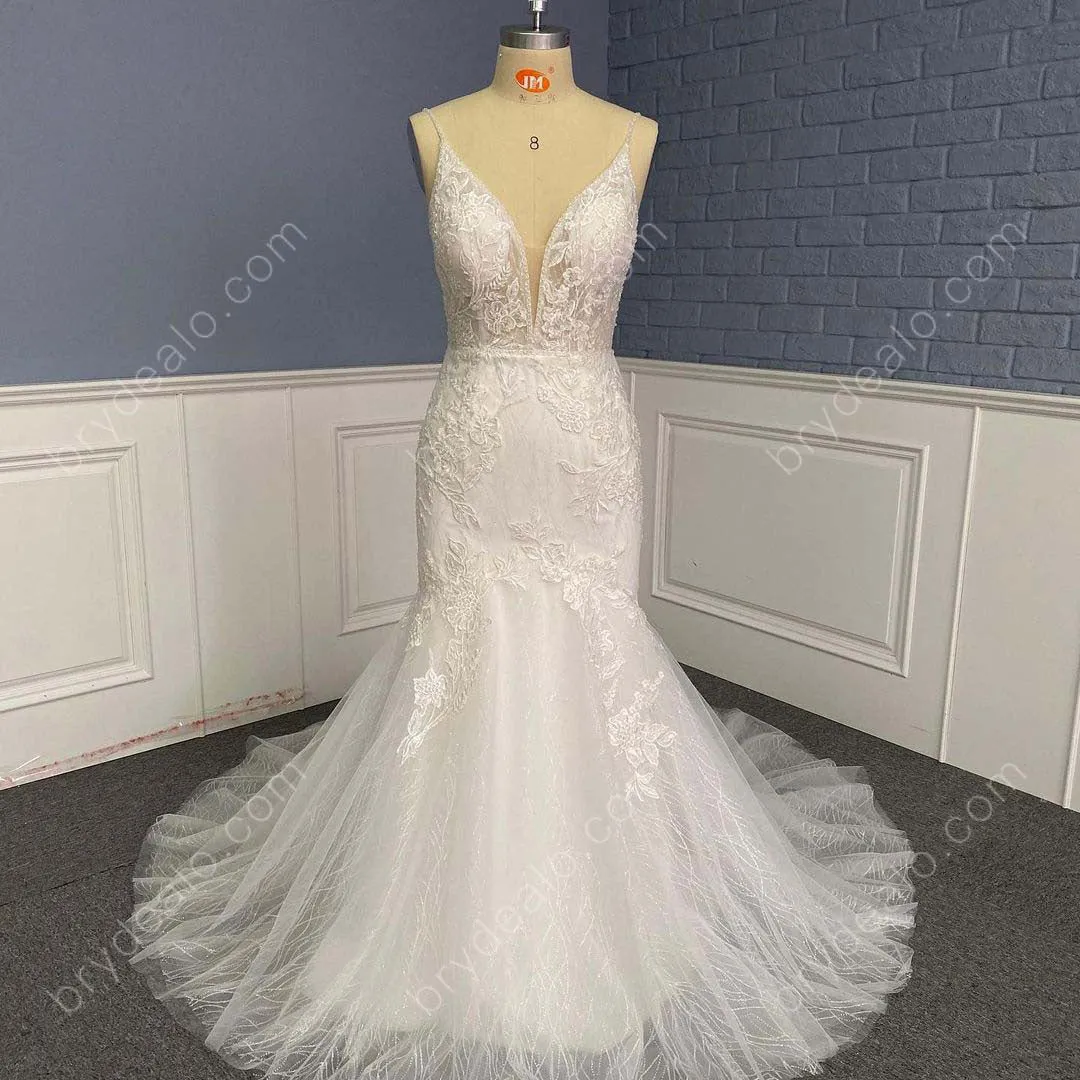 Beaded Plunging Neck Wavy Glitter Lace Trumpet Wedding Dress