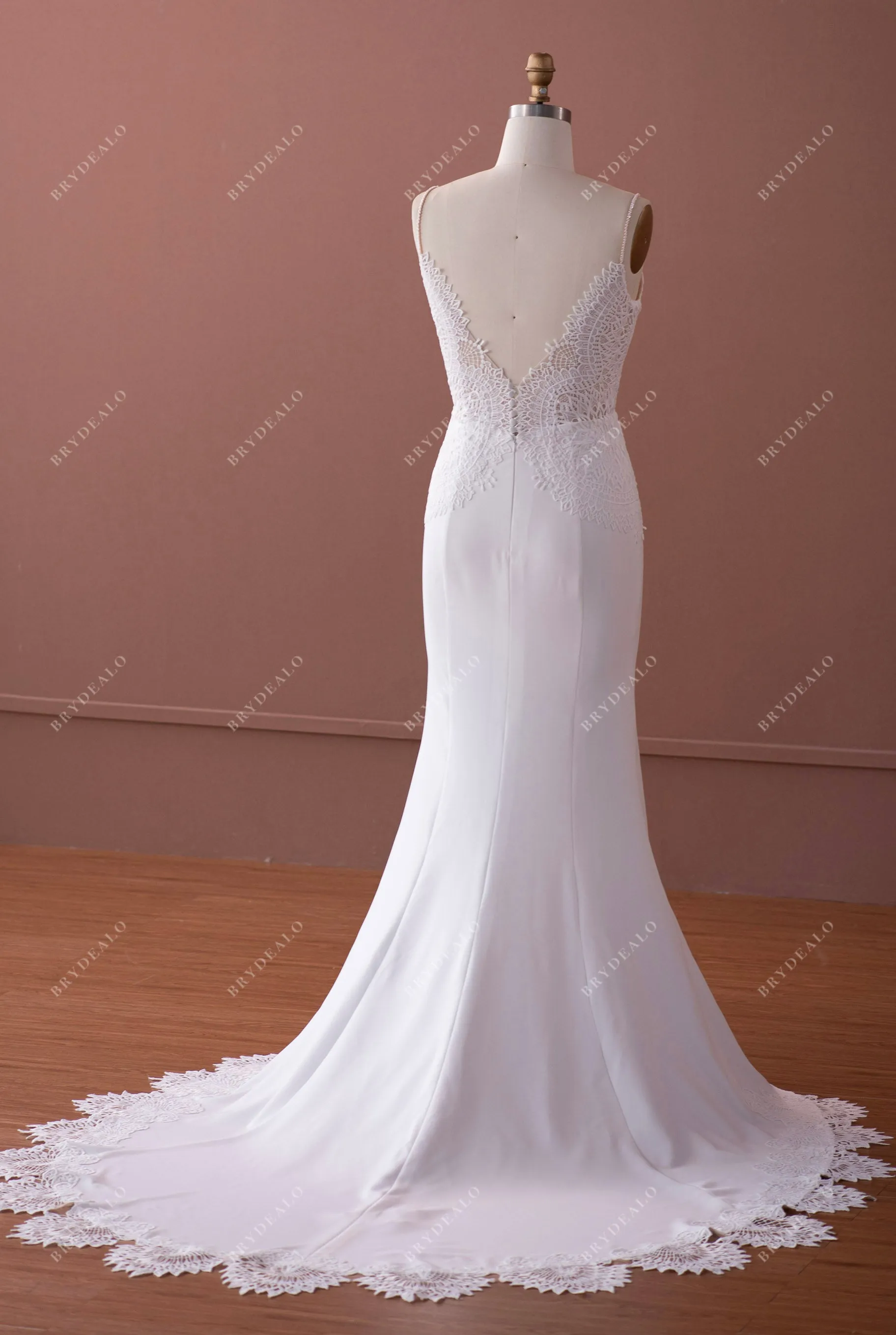 Beaded Straps Scalloped Plunging Neck Crepe Wedding Dress