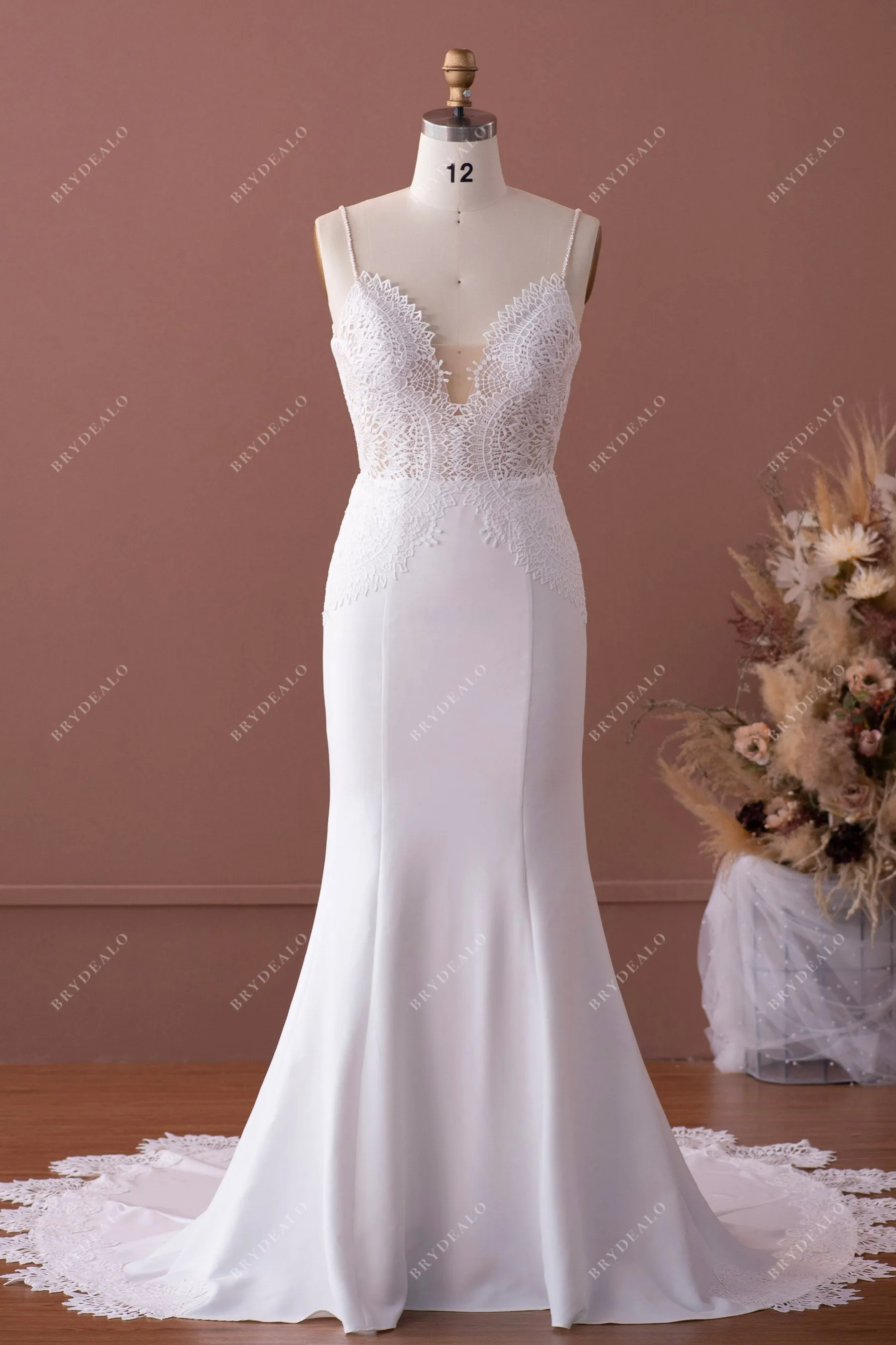 Beaded Straps Scalloped Plunging Neck Crepe Wedding Dress