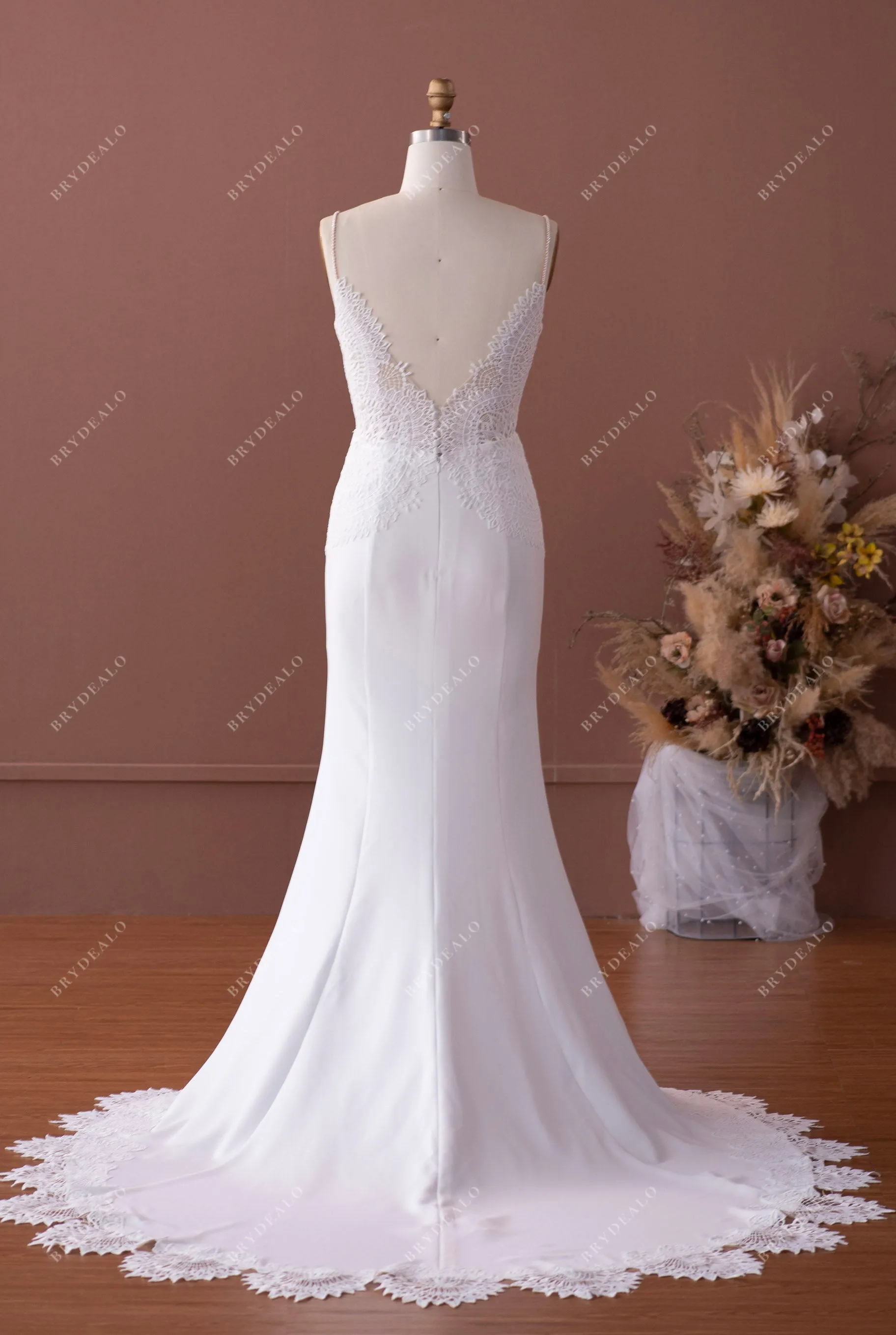 Beaded Straps Scalloped Plunging Neck Crepe Wedding Dress