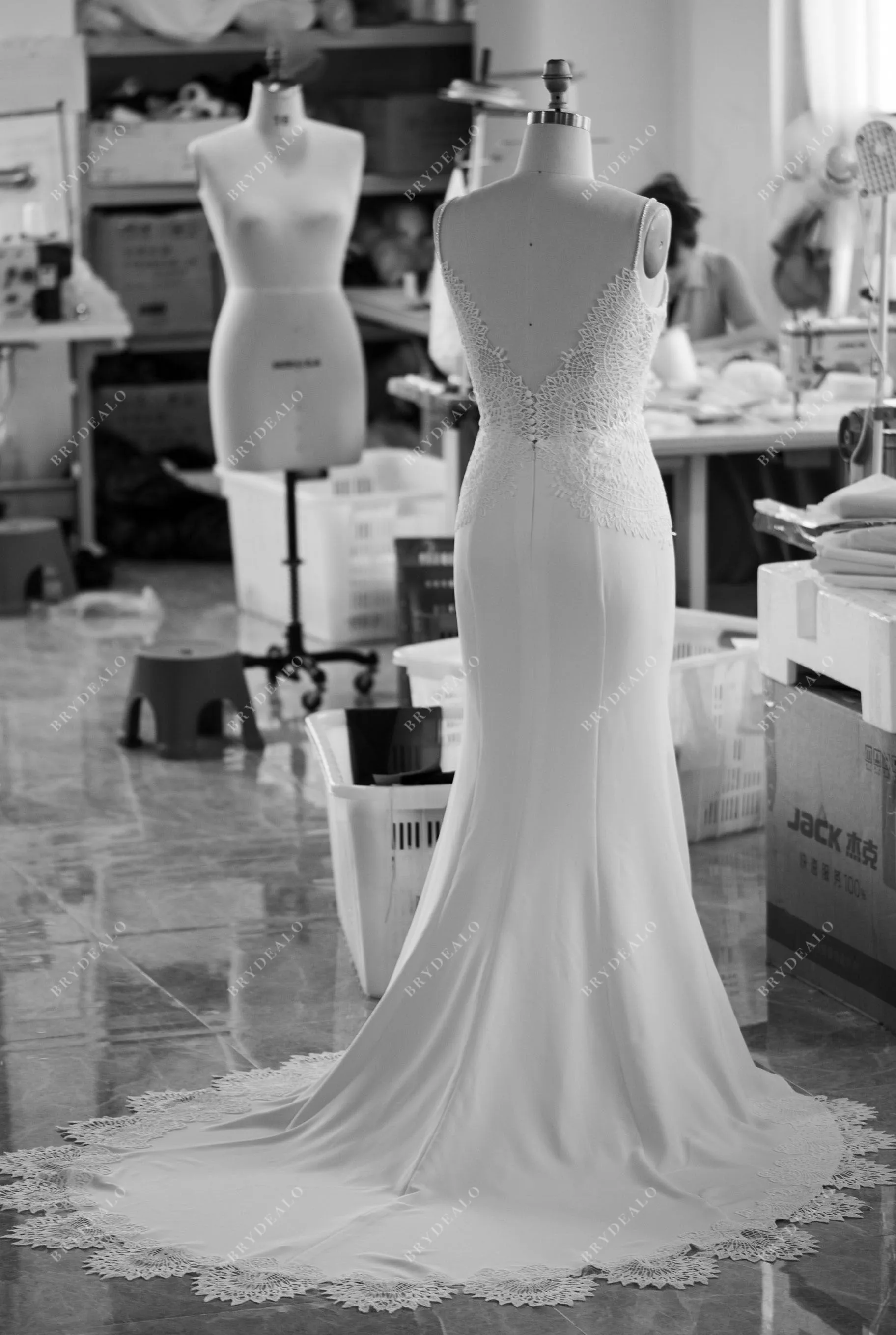 Beaded Straps Scalloped Plunging Neck Crepe Wedding Dress