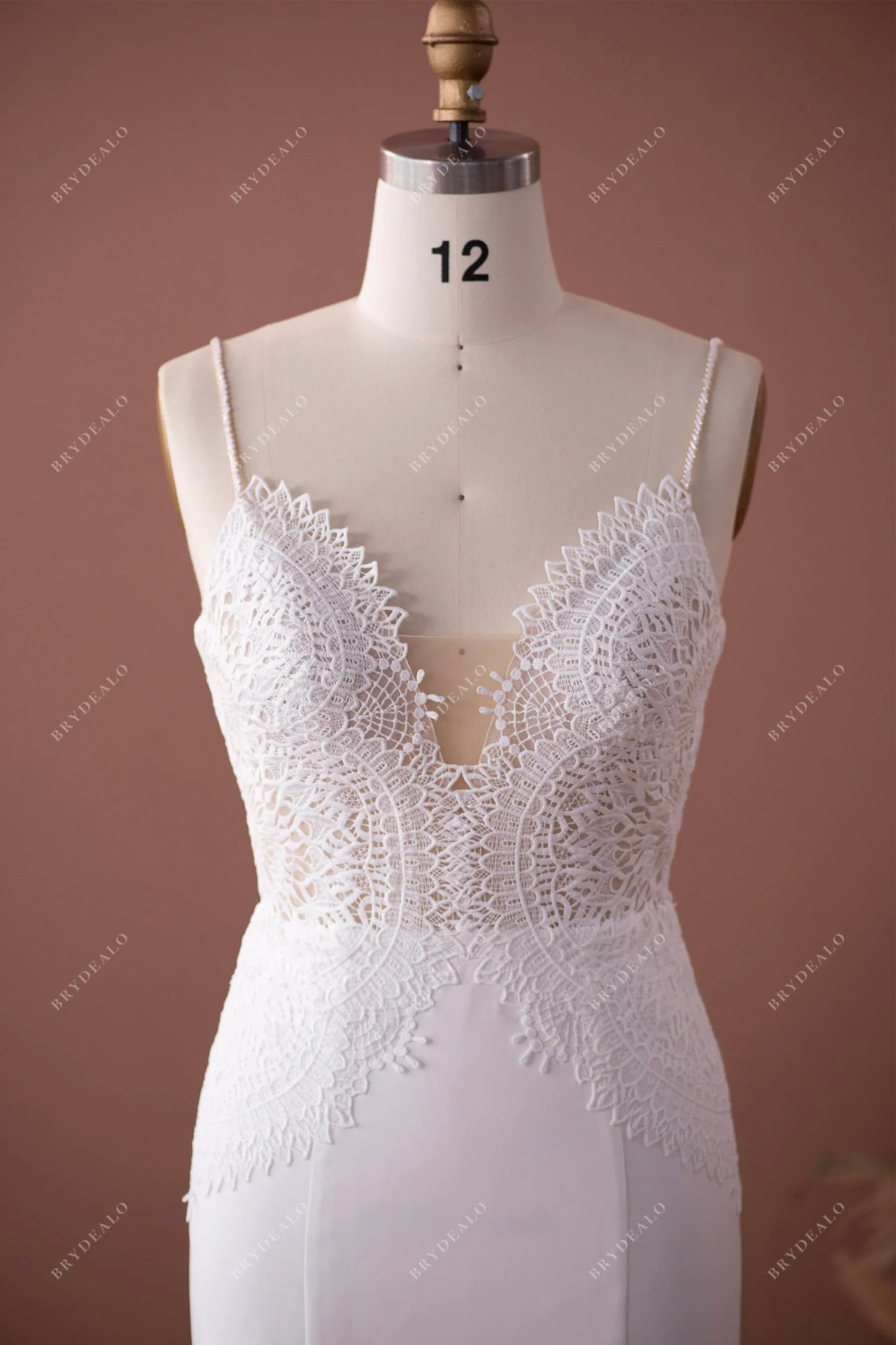 Beaded Straps Scalloped Plunging Neck Crepe Wedding Dress