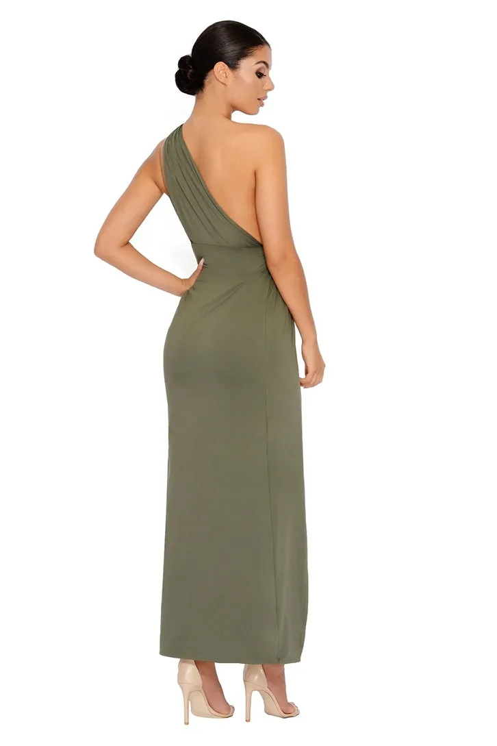 Beat The Ruche Thigh Split Maxi Dress in Khaki