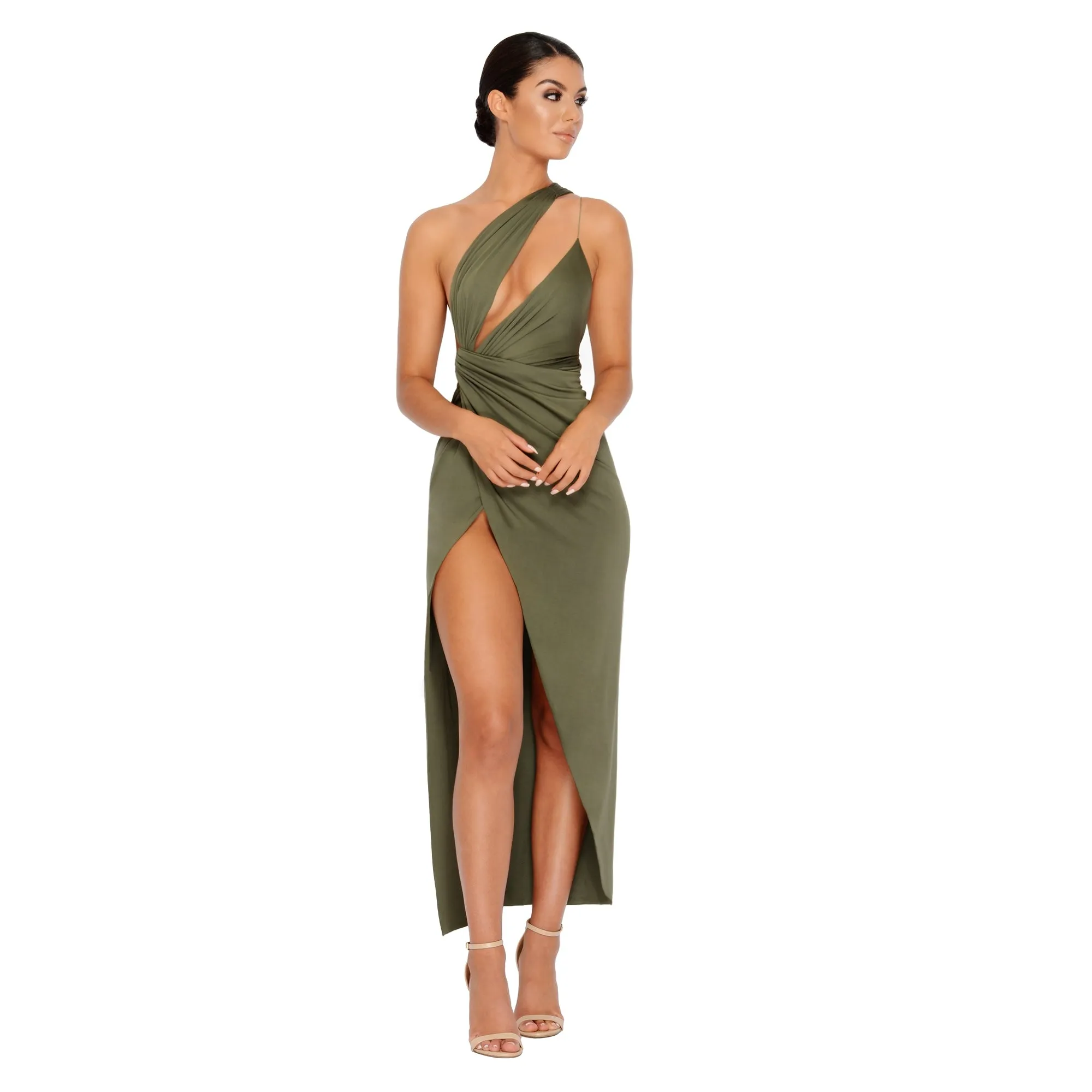 Beat The Ruche Thigh Split Maxi Dress in Khaki