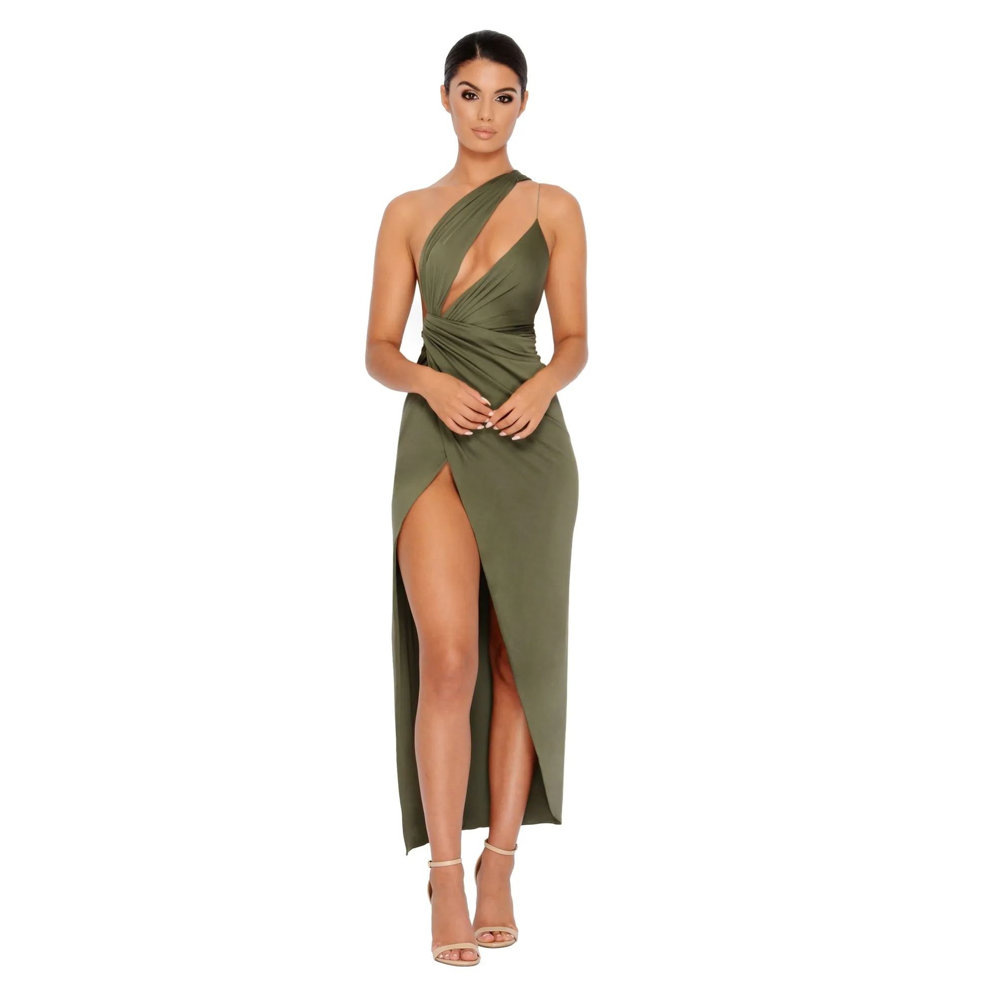 Beat The Ruche Thigh Split Maxi Dress in Khaki