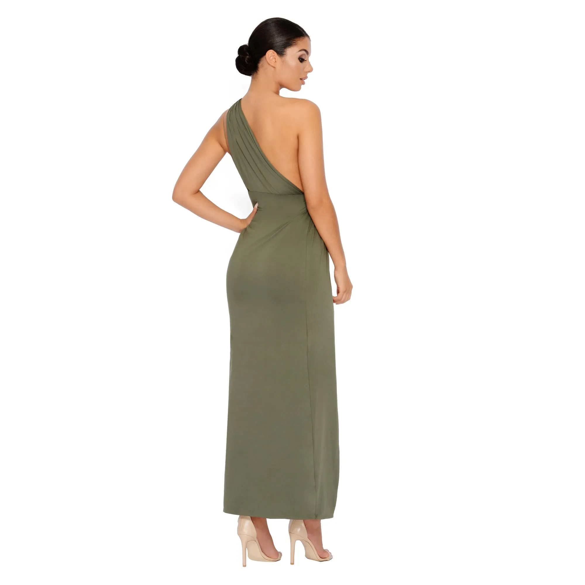 Beat The Ruche Thigh Split Maxi Dress in Khaki