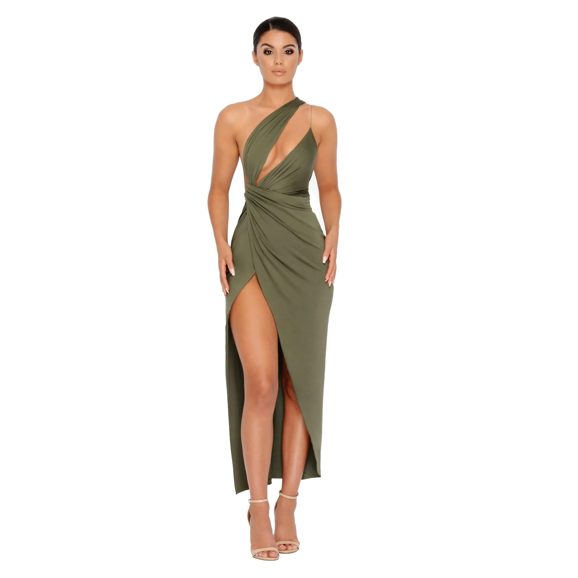 Beat The Ruche Thigh Split Maxi Dress in Khaki