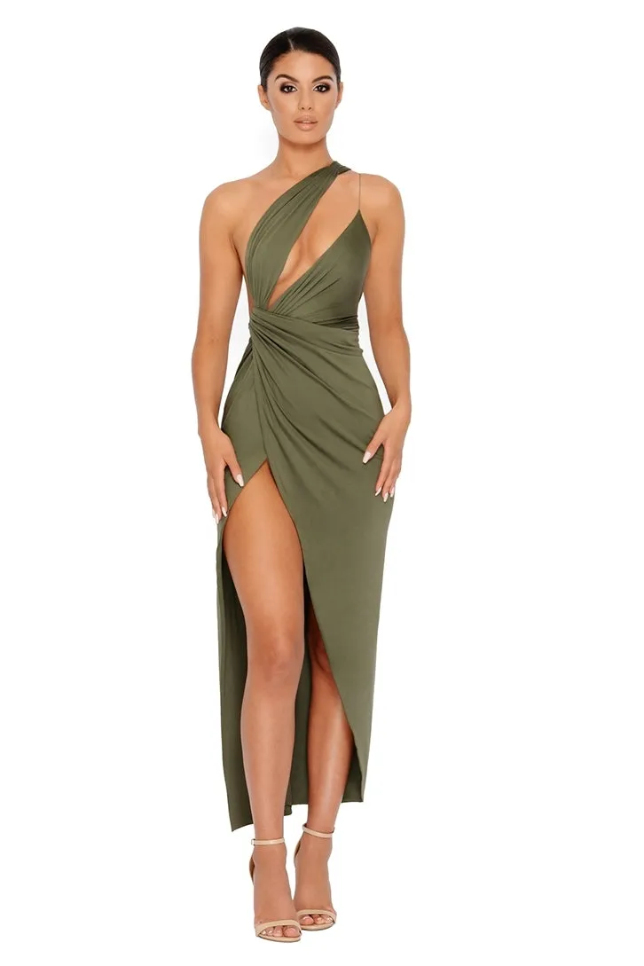 Beat The Ruche Thigh Split Maxi Dress in Khaki