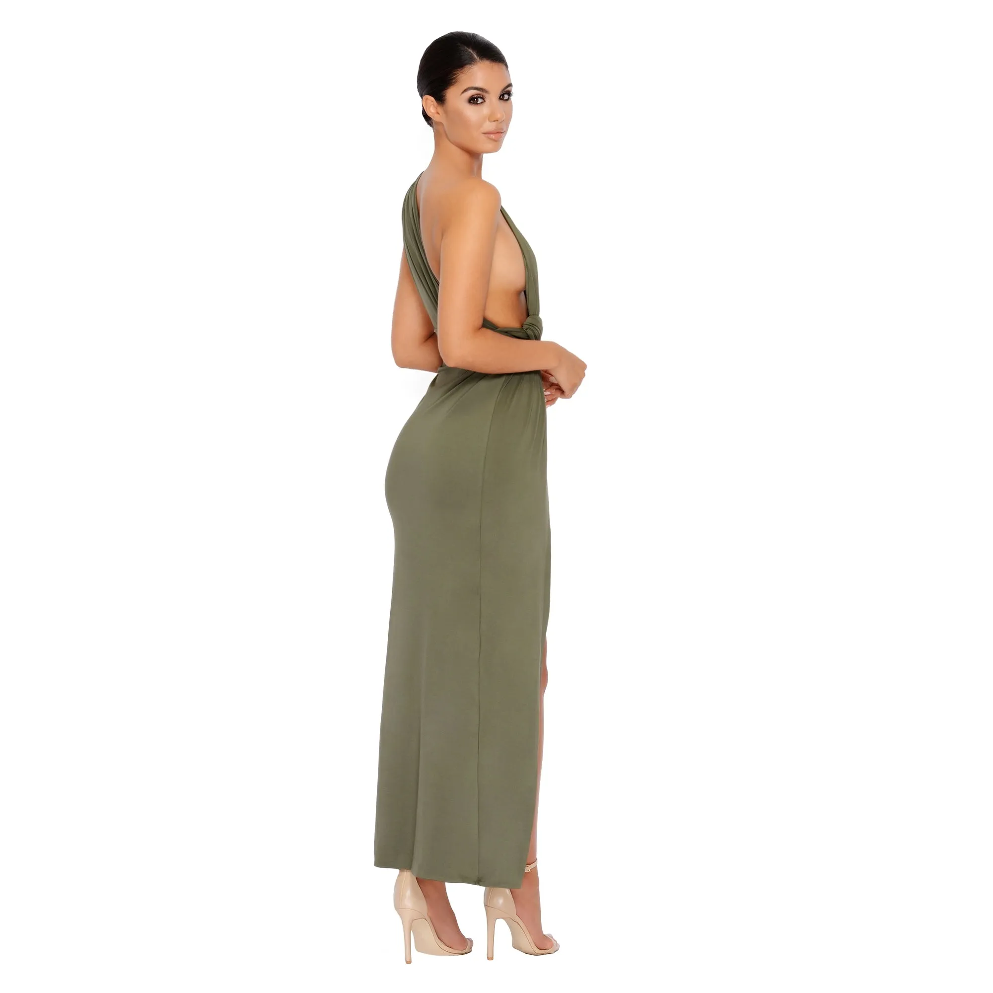 Beat The Ruche Thigh Split Maxi Dress in Khaki