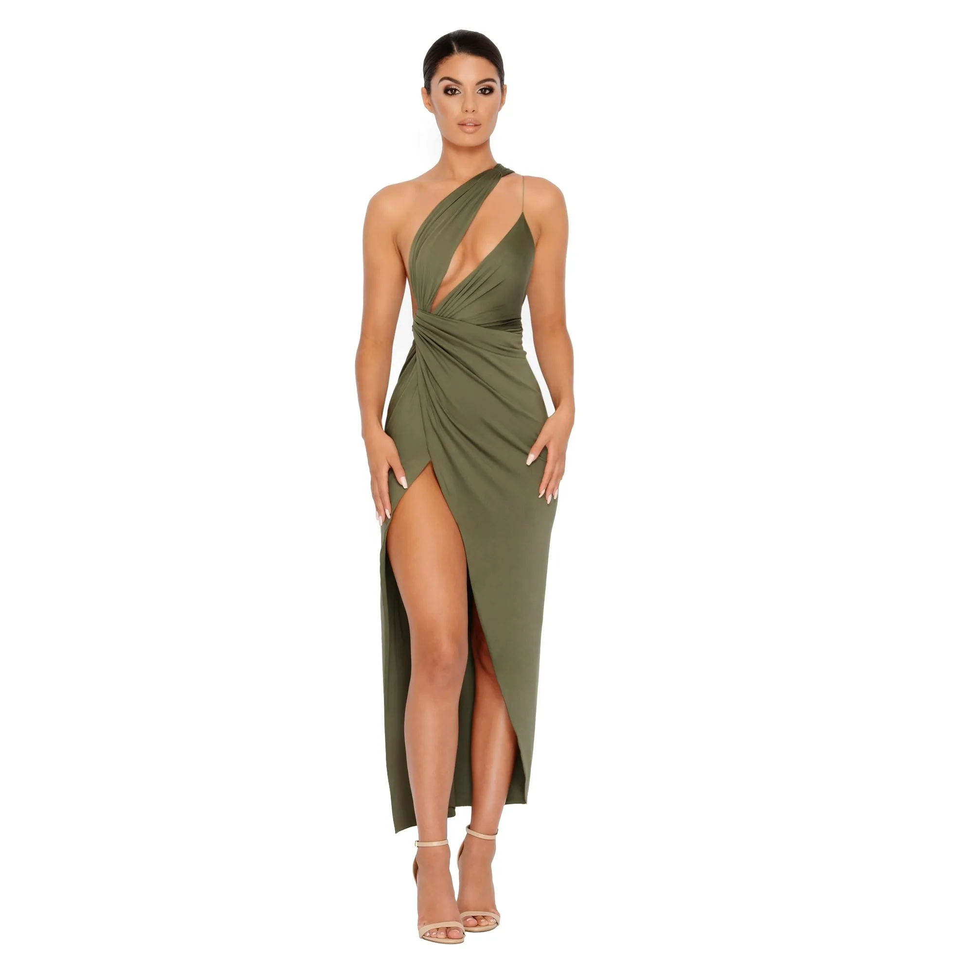 Beat The Ruche Thigh Split Maxi Dress in Khaki